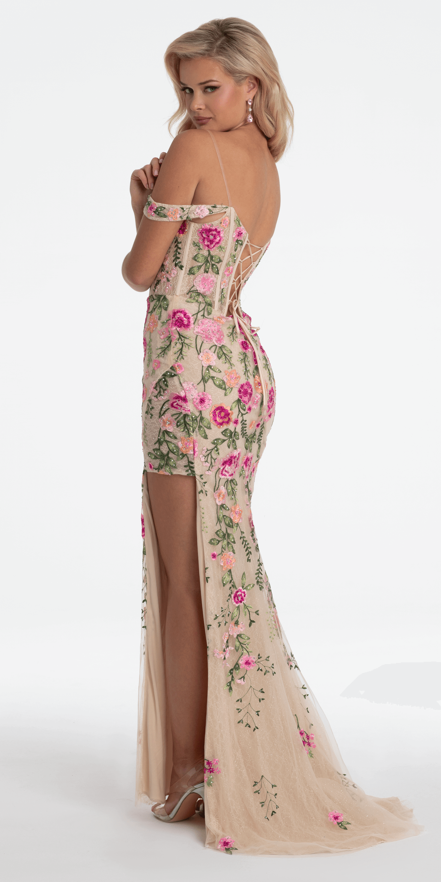 Camille La Vie /Off the Shoulder Floral Embroidered Column Dress /missy /size /0/ fuchsia /back alt 1