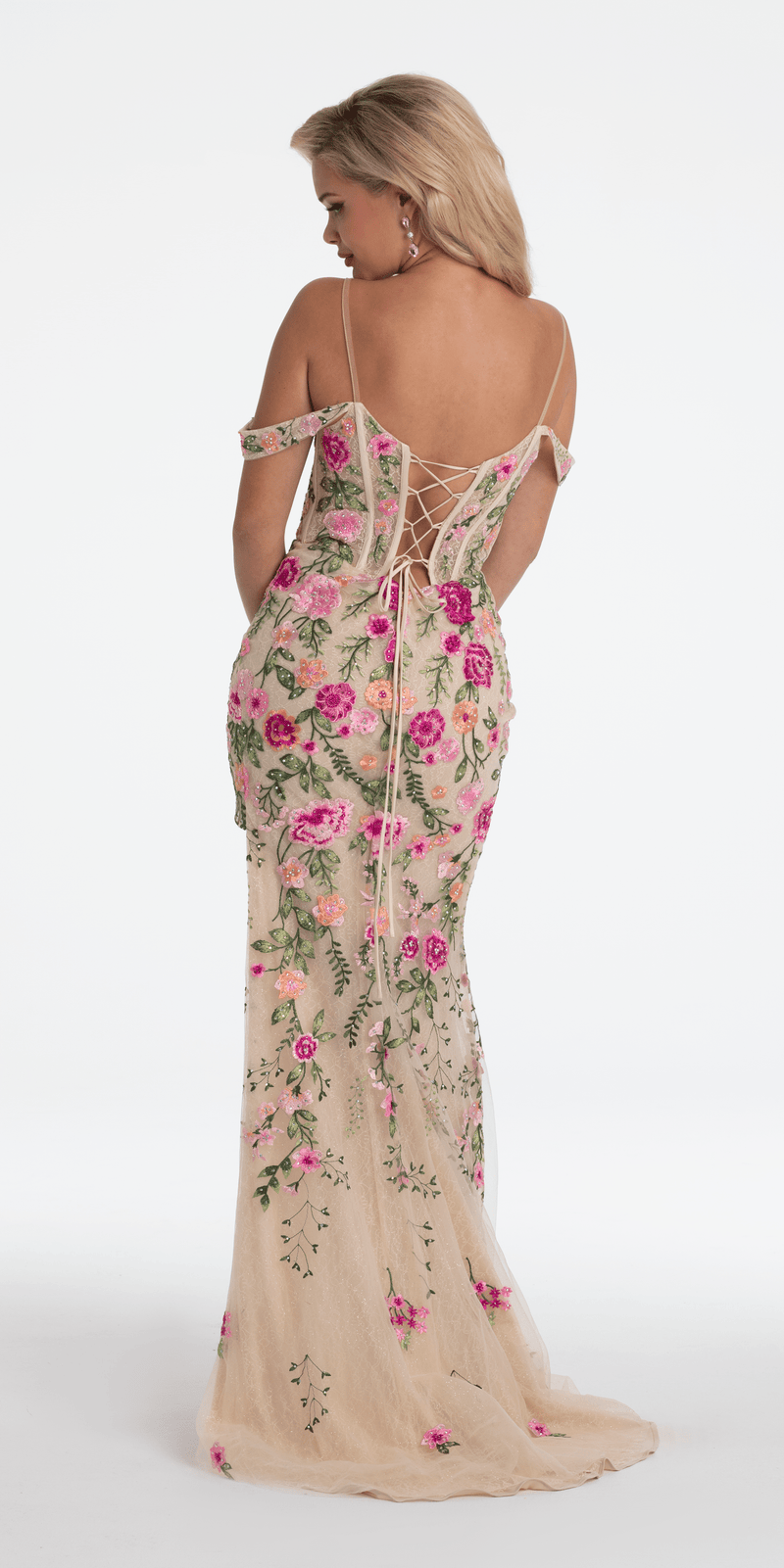 Off the Shoulder Floral Embroidered Column Dress Image 5