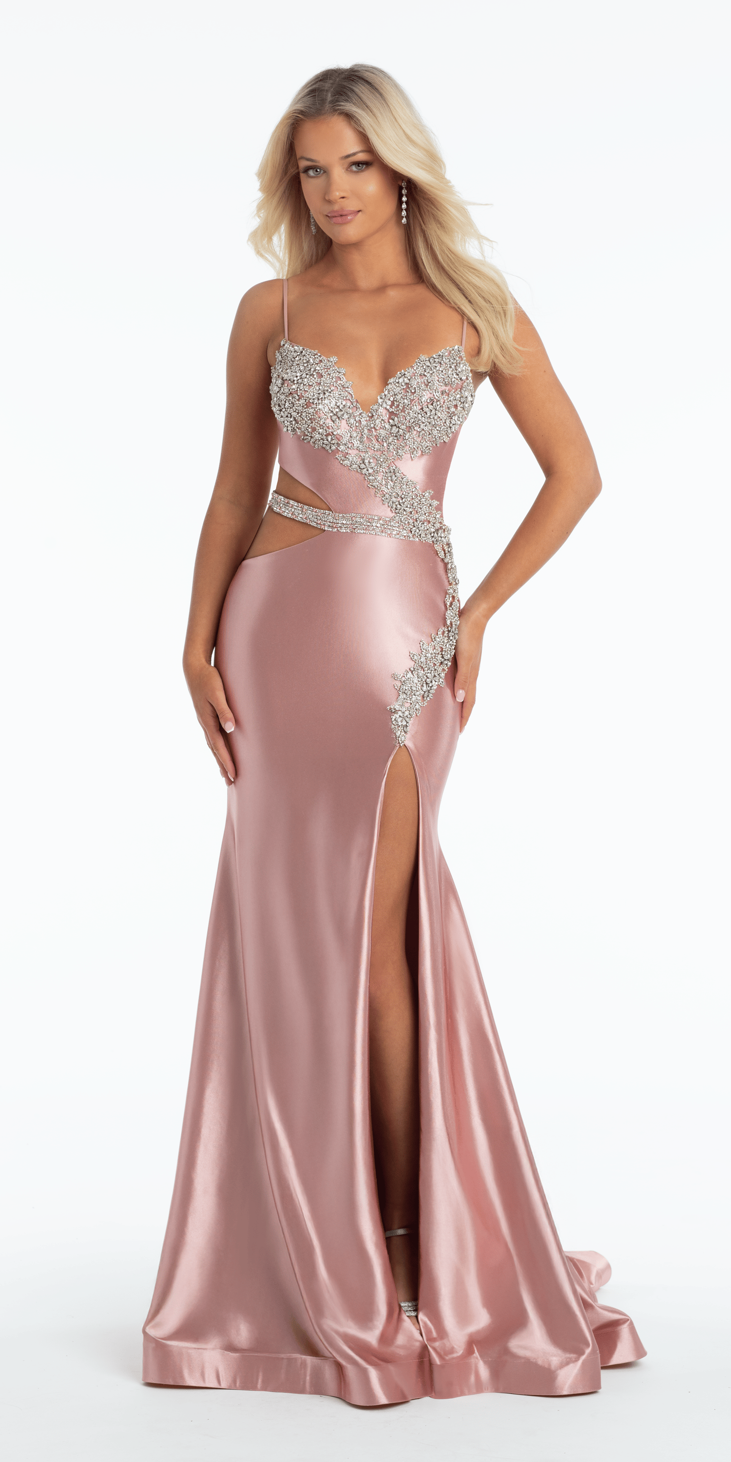 Rhinestone Encrusted Satin Sweetheart Cut Out Mermaid Dress missy / 2 / pink