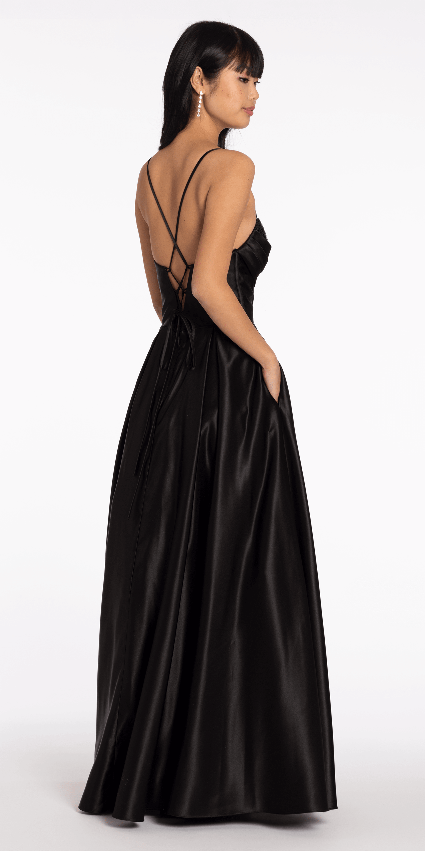 Camille La Vie /Satin Beaded Drape Corset Ballgown with Side Pockets/missy/size/0/black/back