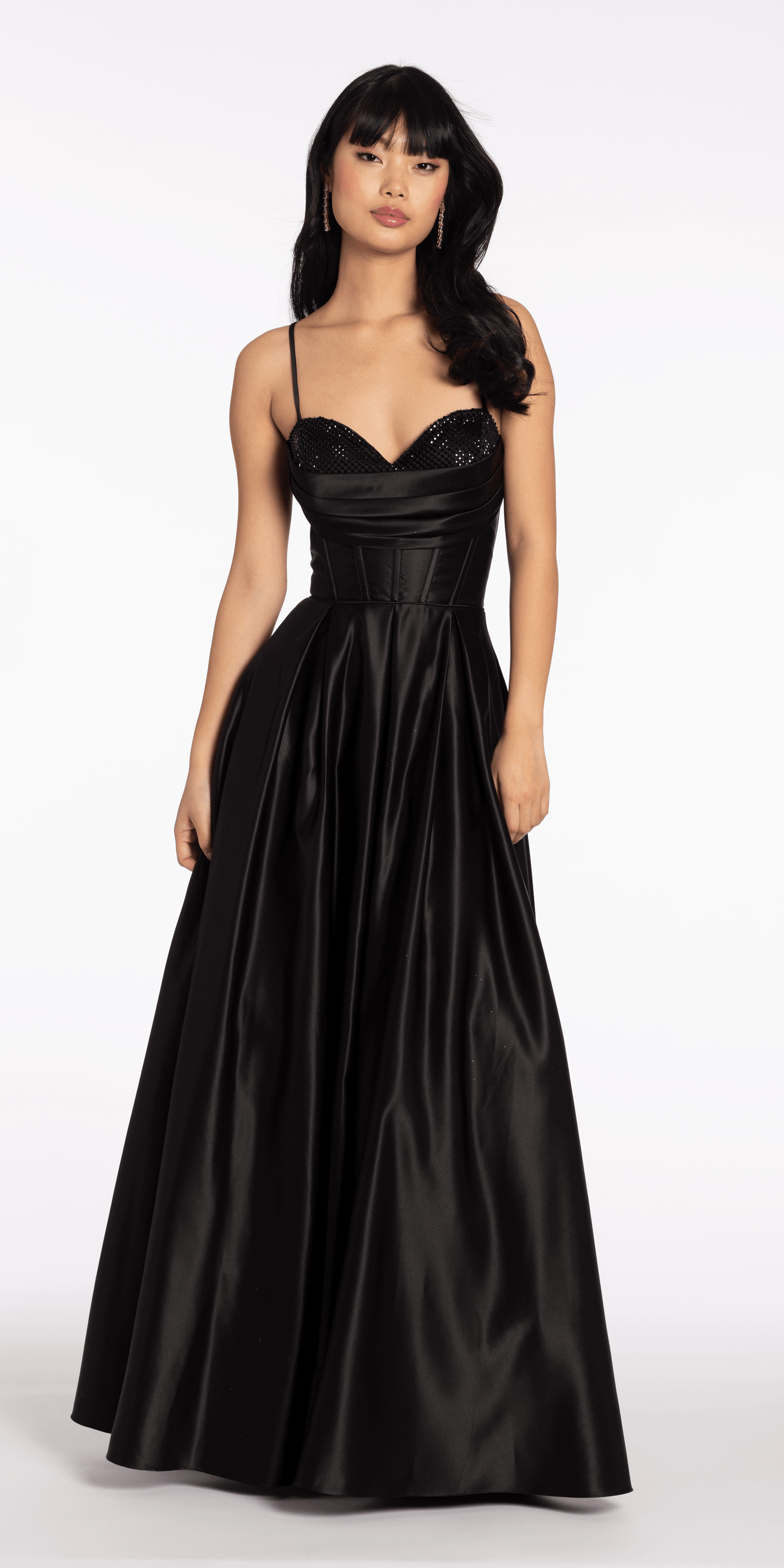 Camille La Vie/ Satin Beaded Drape Corset Ballgown with Side Pockets missy /size/ 0 / black/front