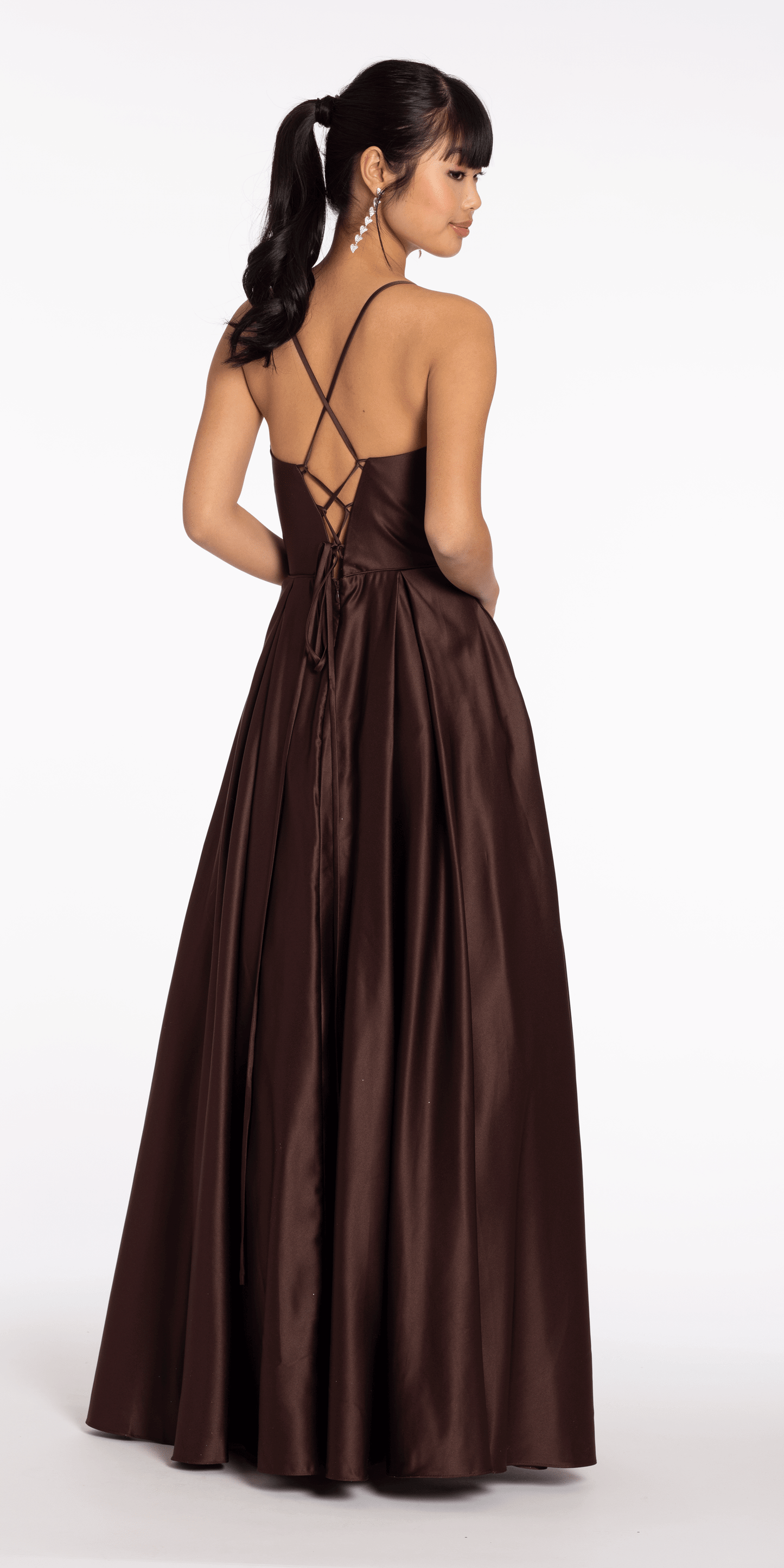 brown Size 0 missy Camille La Vie Satin Pleated Sweetheart Lace Up Ballgown with Pockets