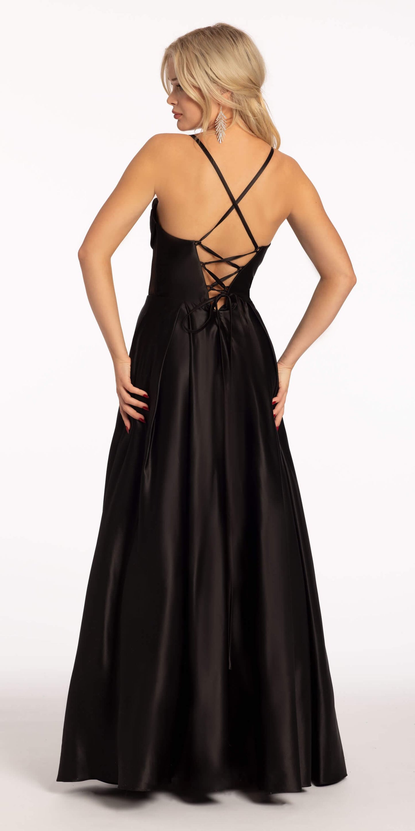 black Size 2 missy Camille La Vie Satin Drape Sheer Corset Ballgown with Pockets