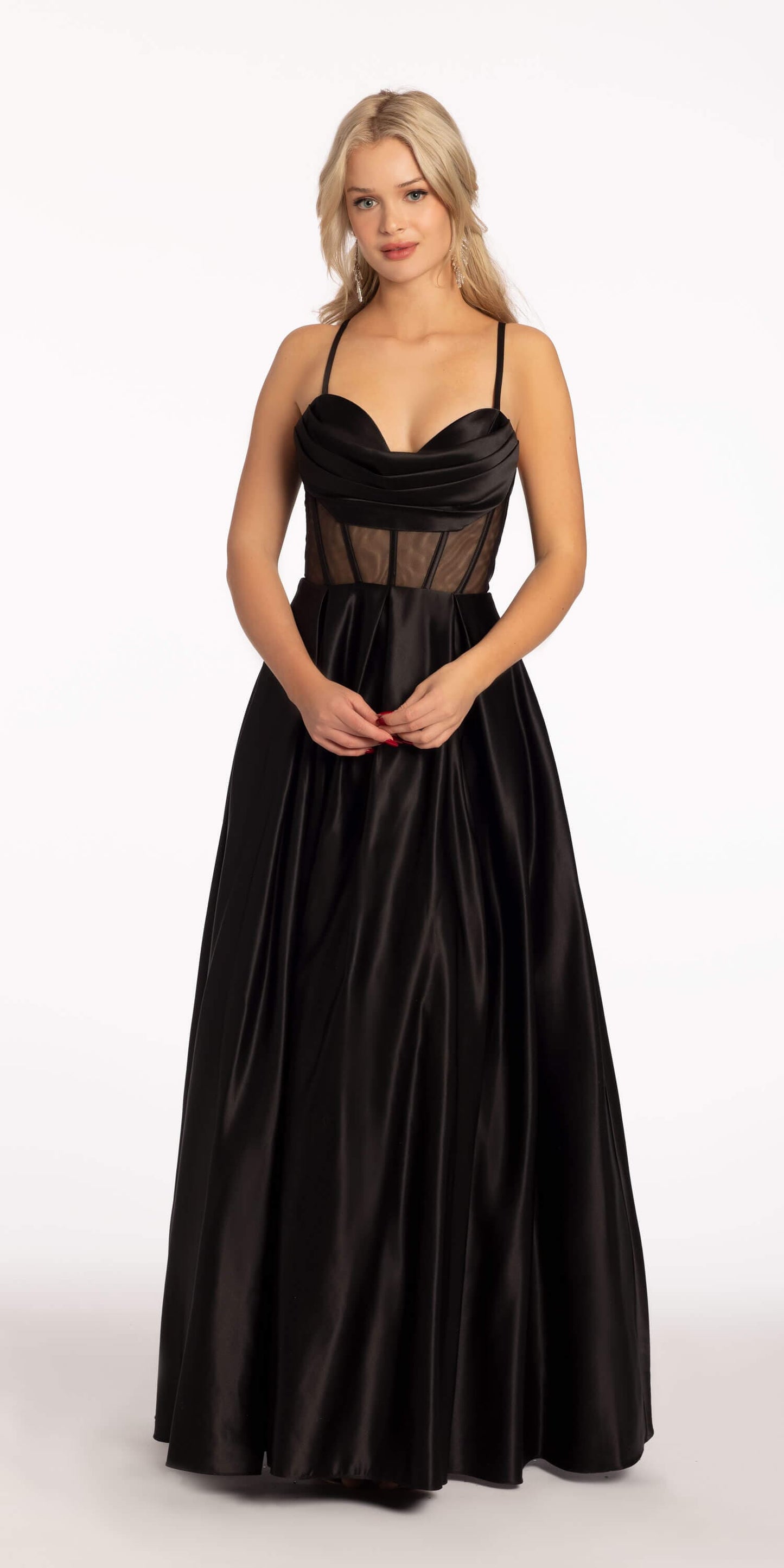 black Size 0 missy Camille La Vie Satin Drape Sheer Corset Ballgown with Pockets