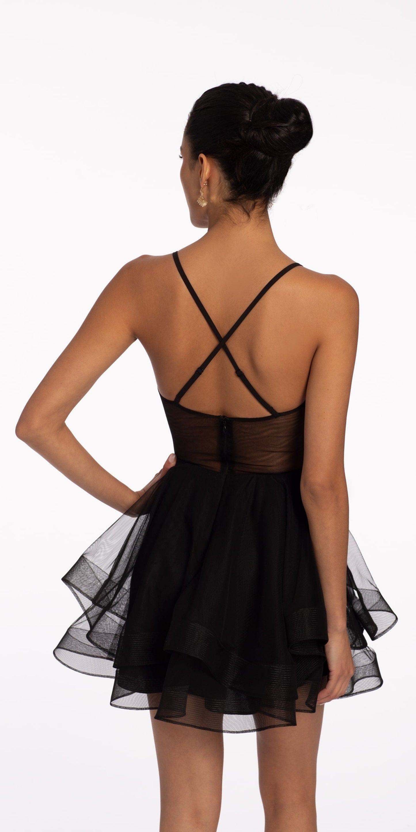 Camille La Vie Deep V X Back Mesh Tiered Fit and Flare Dress