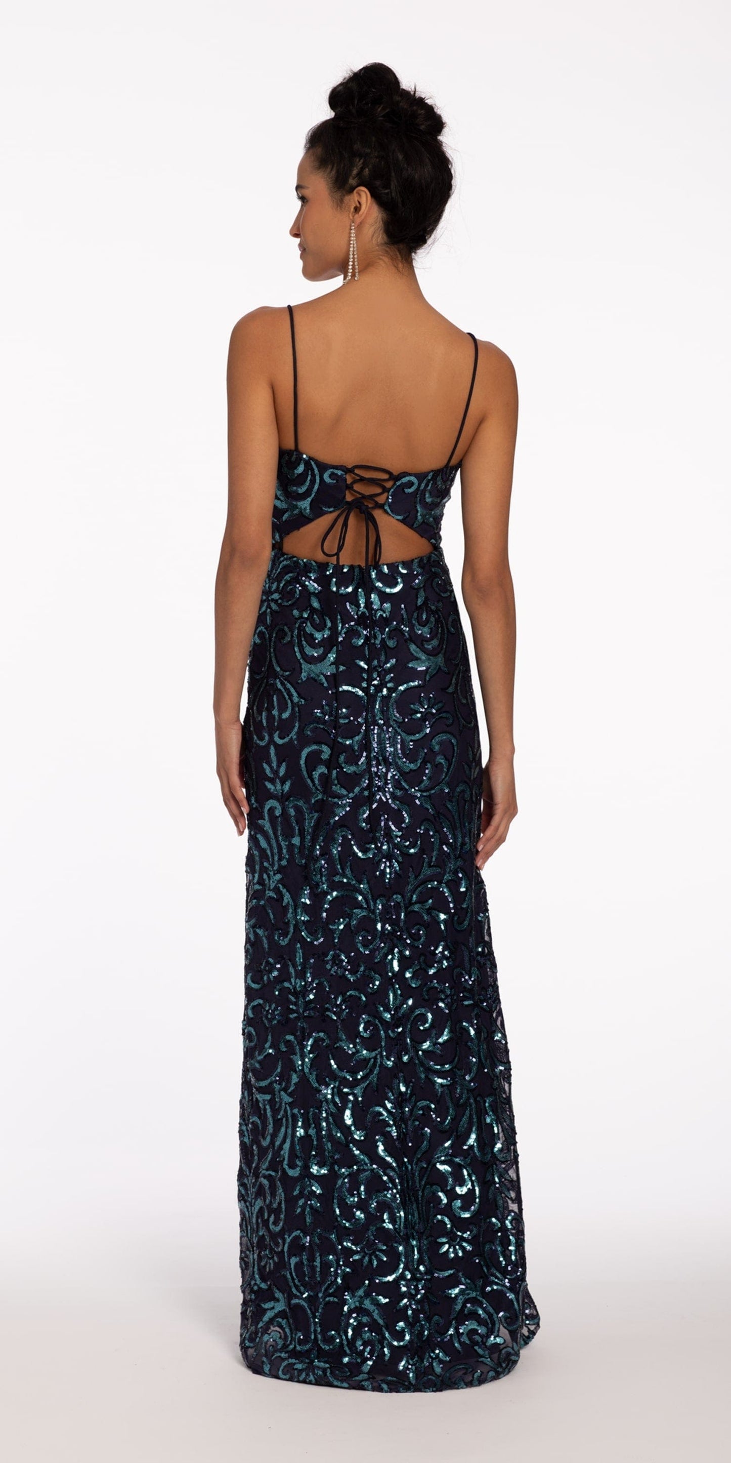 Camille La Vie Two Tone Sequin Lace Up Dress with Keyhole Back