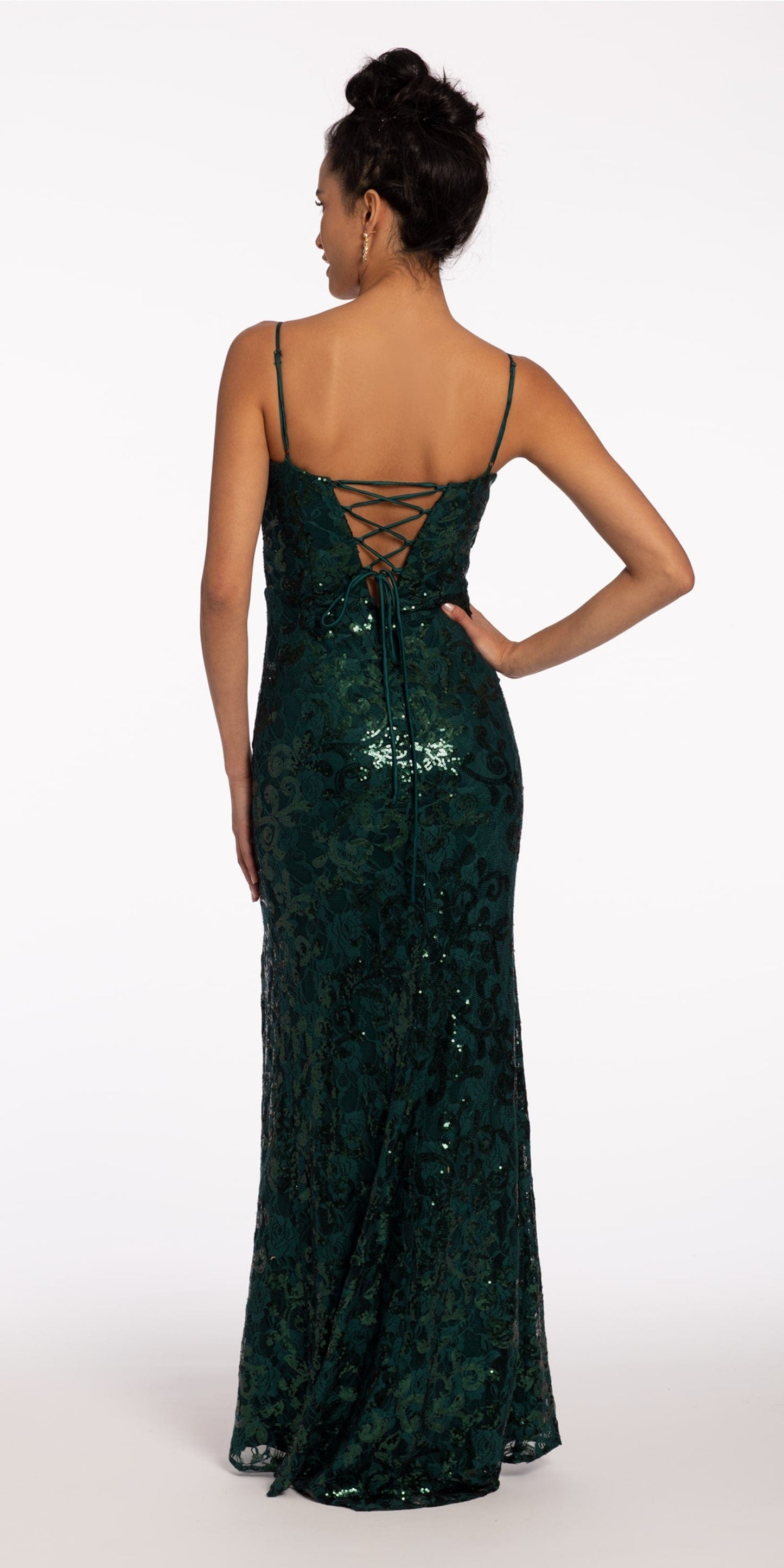 Camille La Vie Sequin Lace Sweetheart Lace Up Dress with Sweep Train