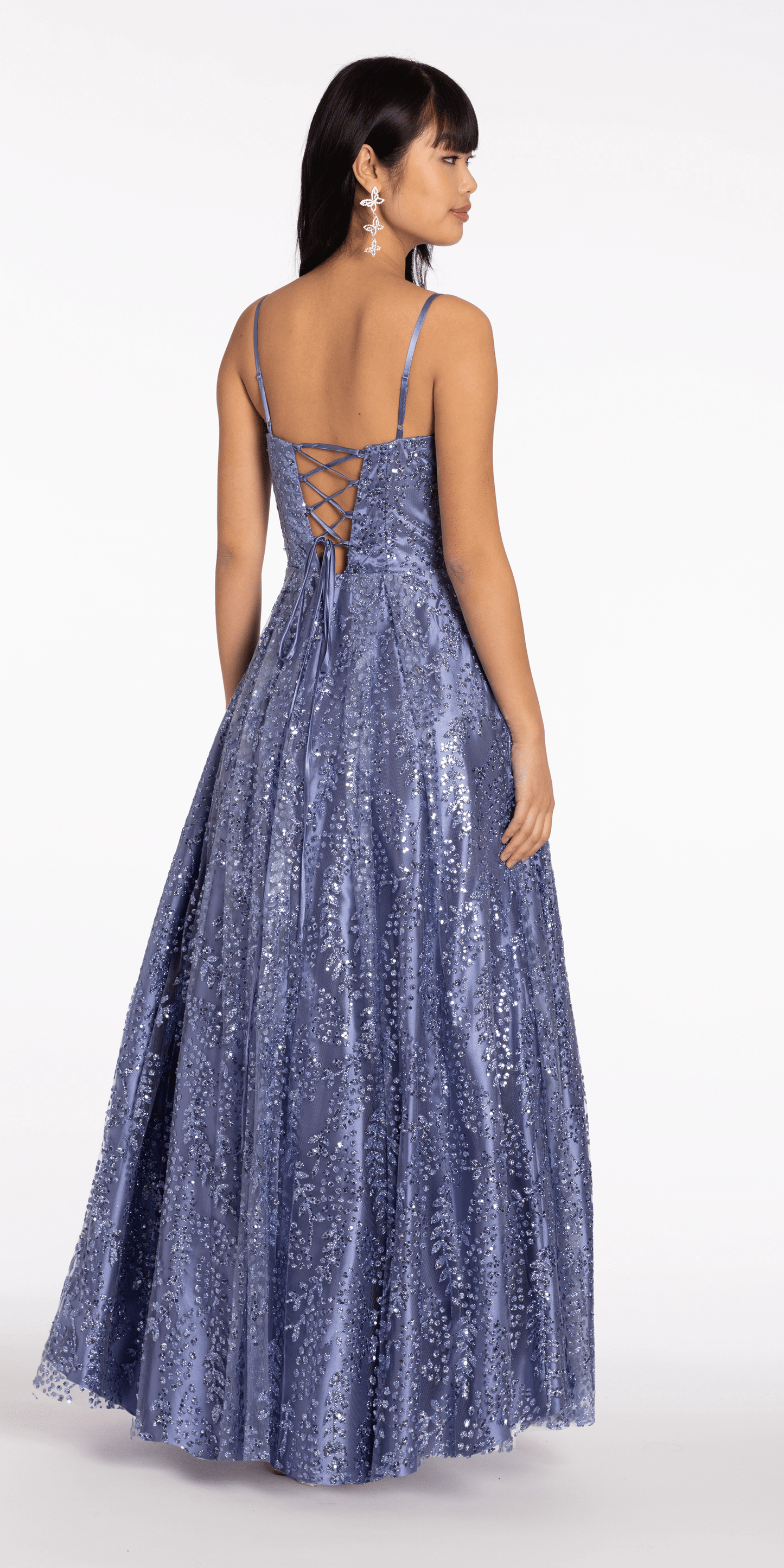 periwinkle/size/2/missy/Camille La Vie/Sweetheart Glitter Mesh Corset Lace Up Ballgown/back