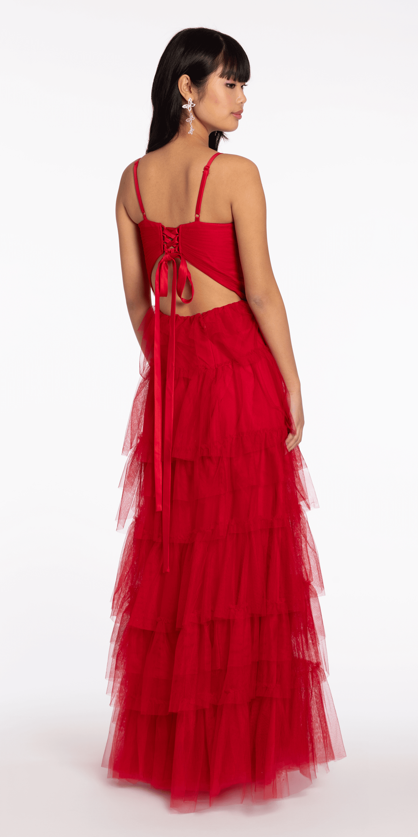 red/size/4/missy/Camille La Vie/Tulle Tiered Sweetheart Ballgown with Keyhole/back