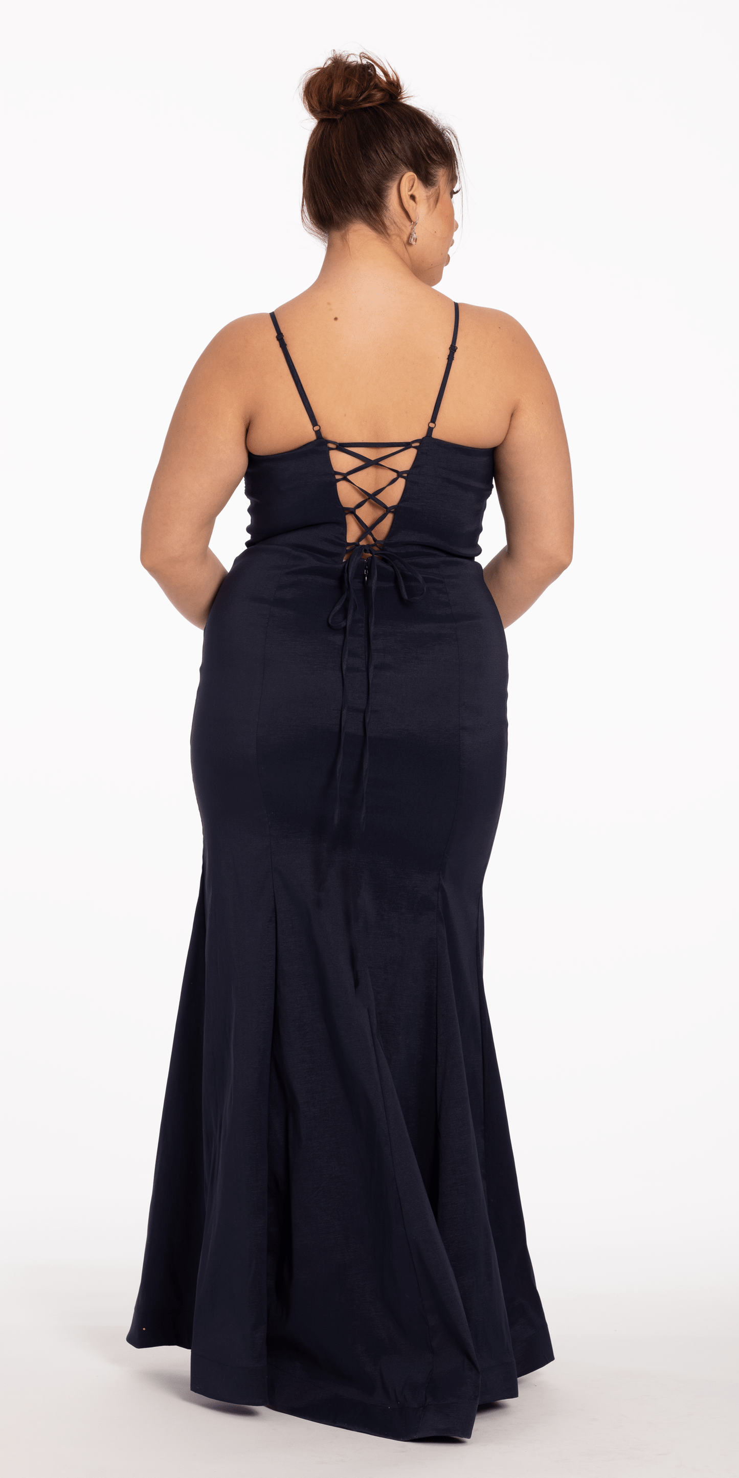 navy plus Size 14 Camille La Vie Sweetheart Taffeta Lace Up Back Trumpet Dress