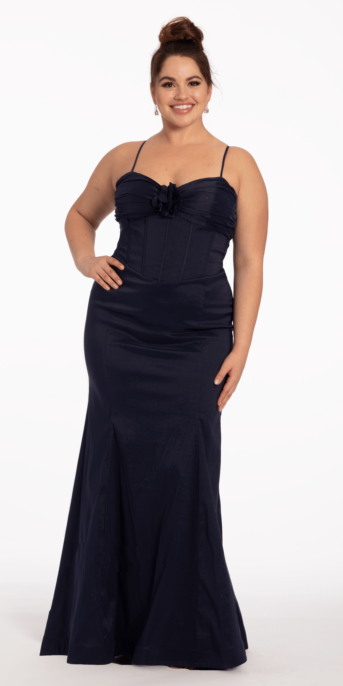navy Size 14 plus Camille La Vie Sweetheart Taffeta Lace Up Back Trumpet Dress