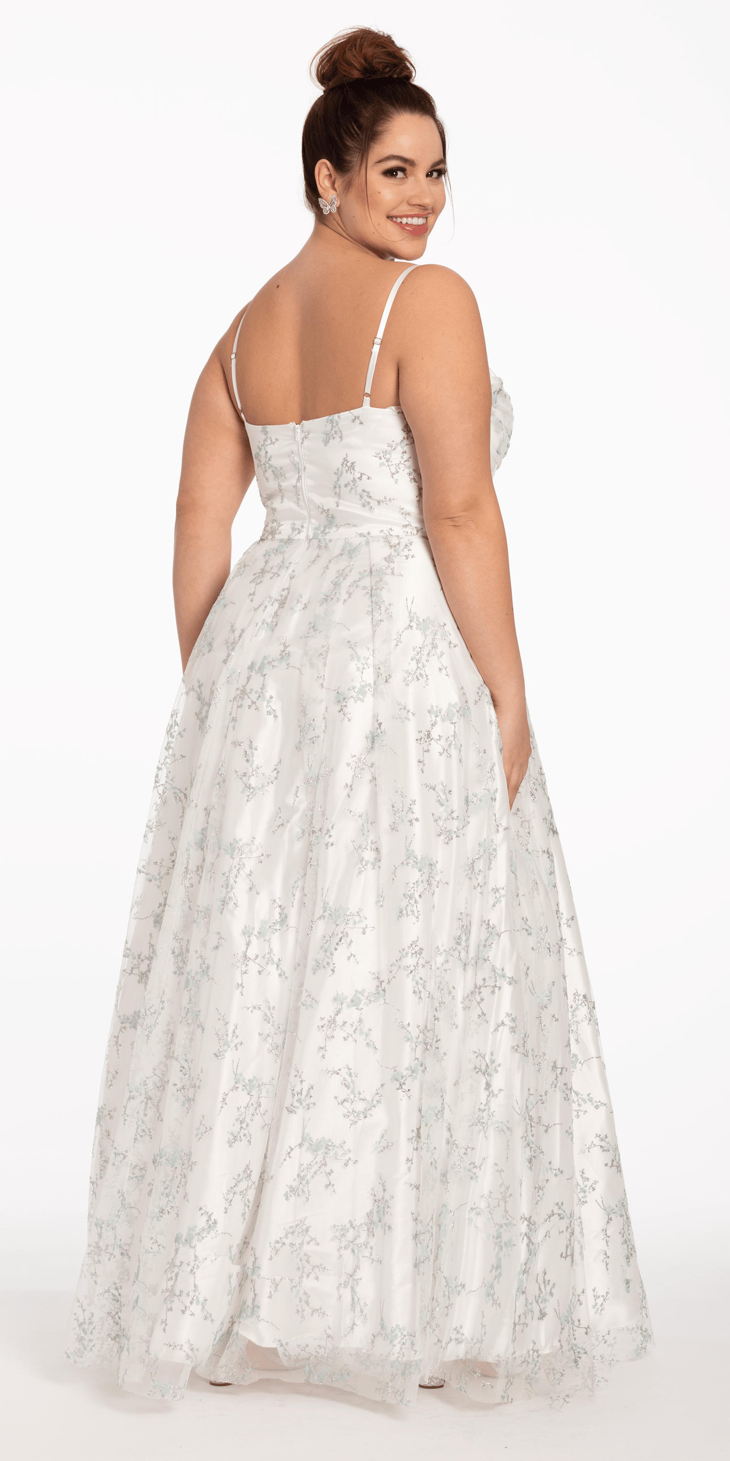 ivory Size 14 plus Camille La Vie Cowl Neck Glitter Corset Mesh Ballgown