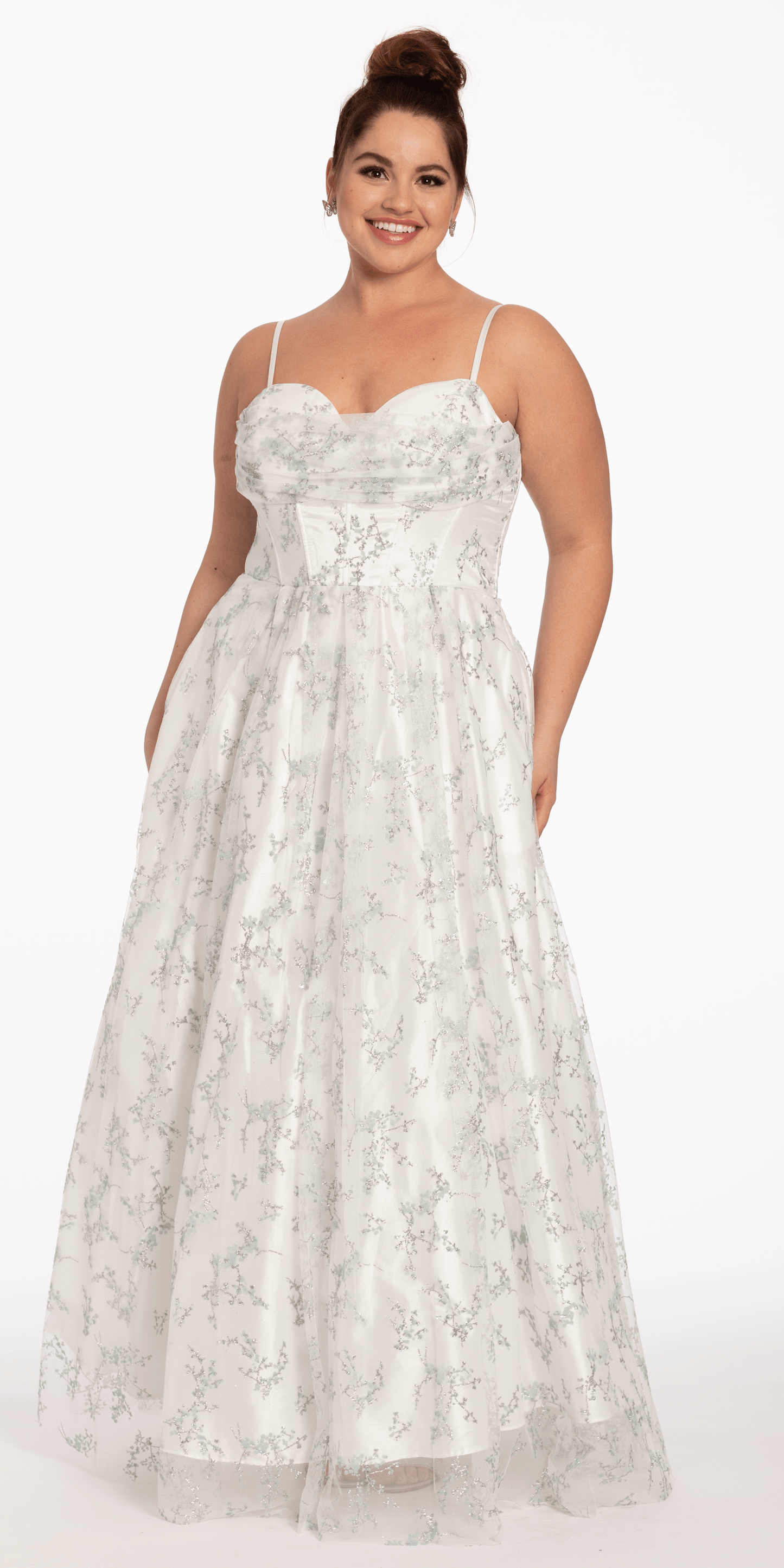 ivory Size 16 plus Camille La Vie Cowl Neck Glitter Corset Mesh Ballgown