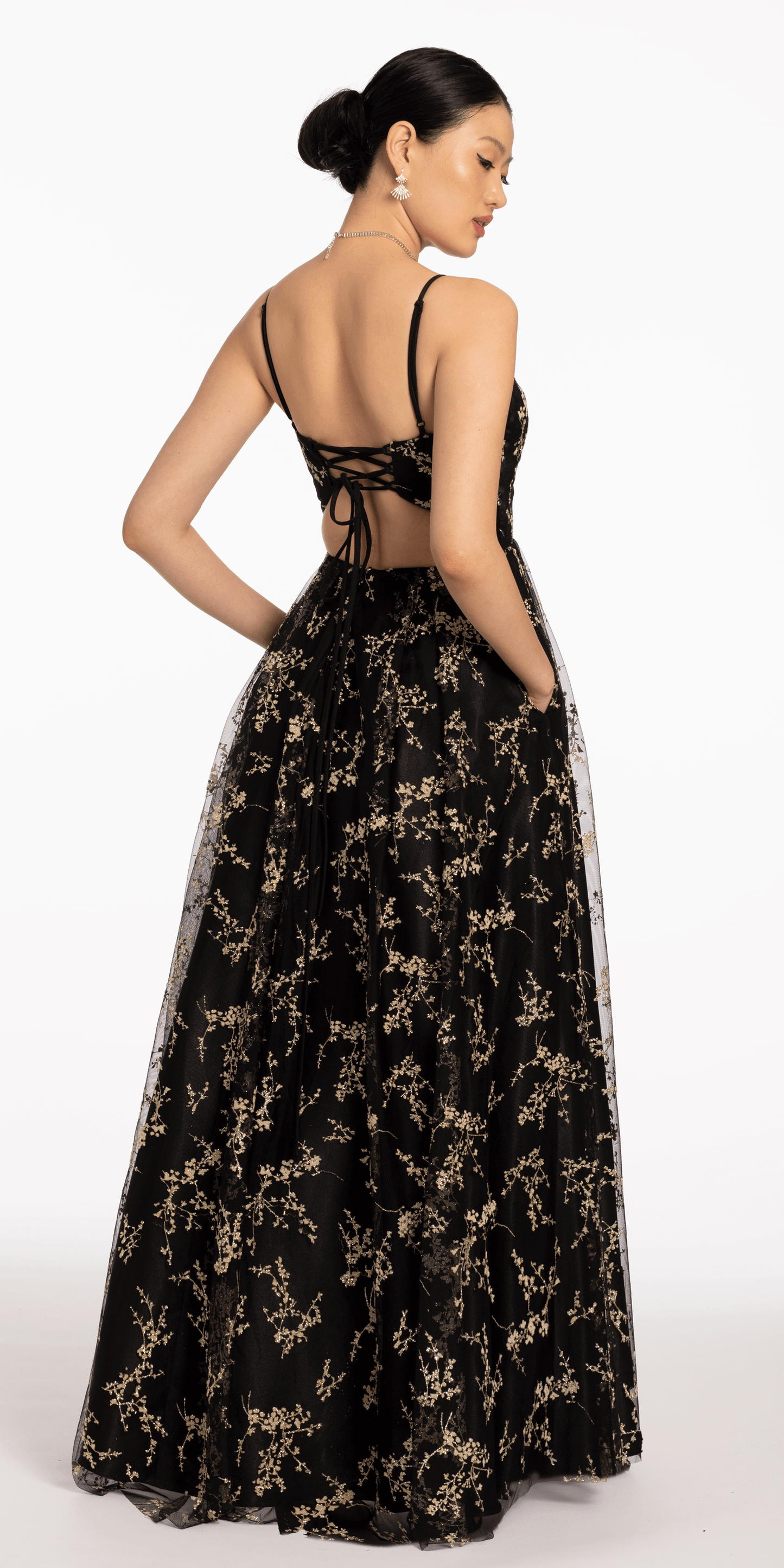Camille La Vie Glitter Plunging Lace Up Back Ballgown