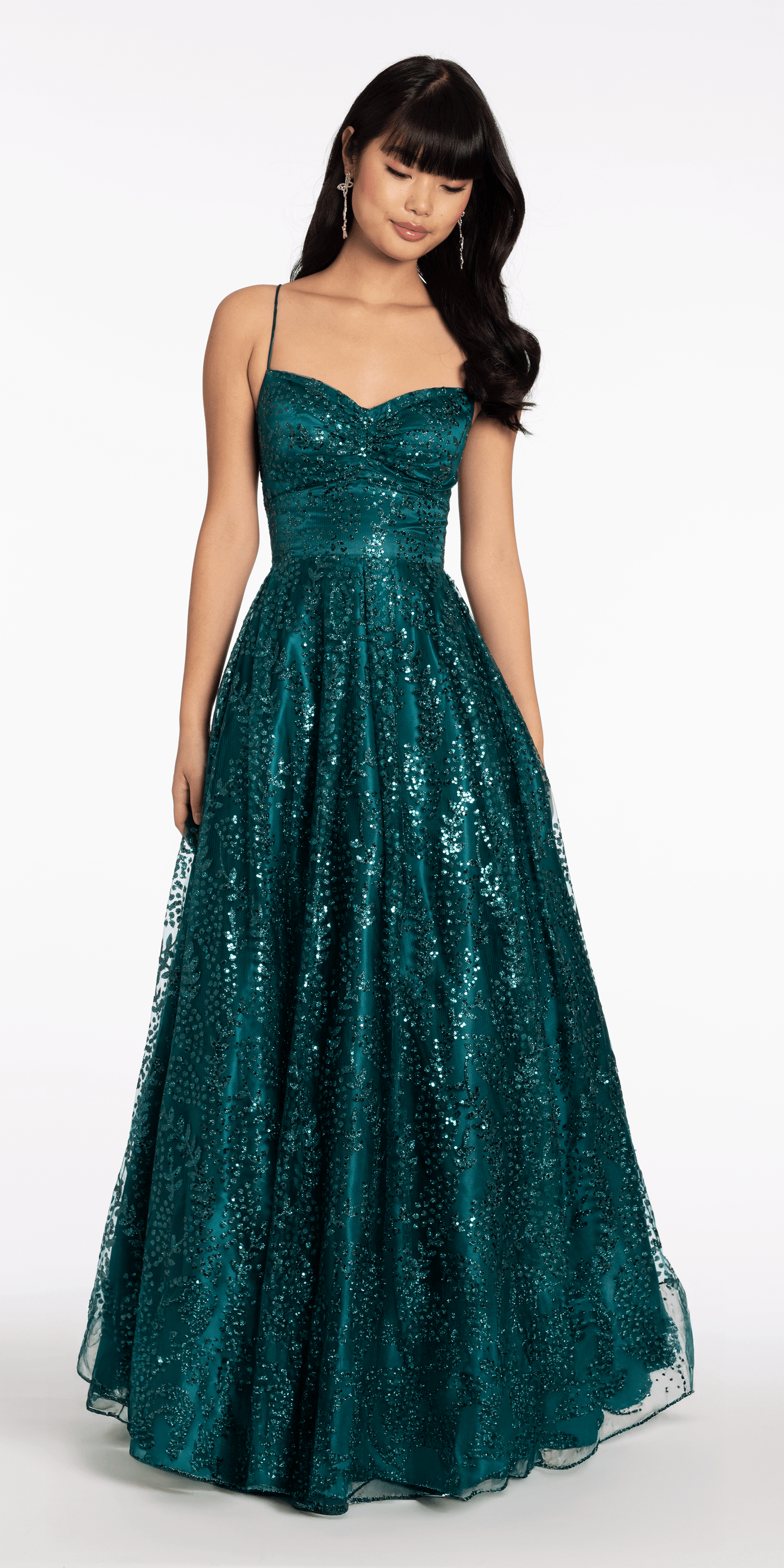 Camille La Vie/Glitter Mesh Sweetheart Lace Up Back Ballgown/ missy /size/ 2 teal/ front