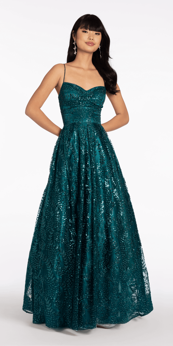 Glitter Mesh Sweetheart Lace Up Back Ballgown - View 3 | Shop Formal Dress