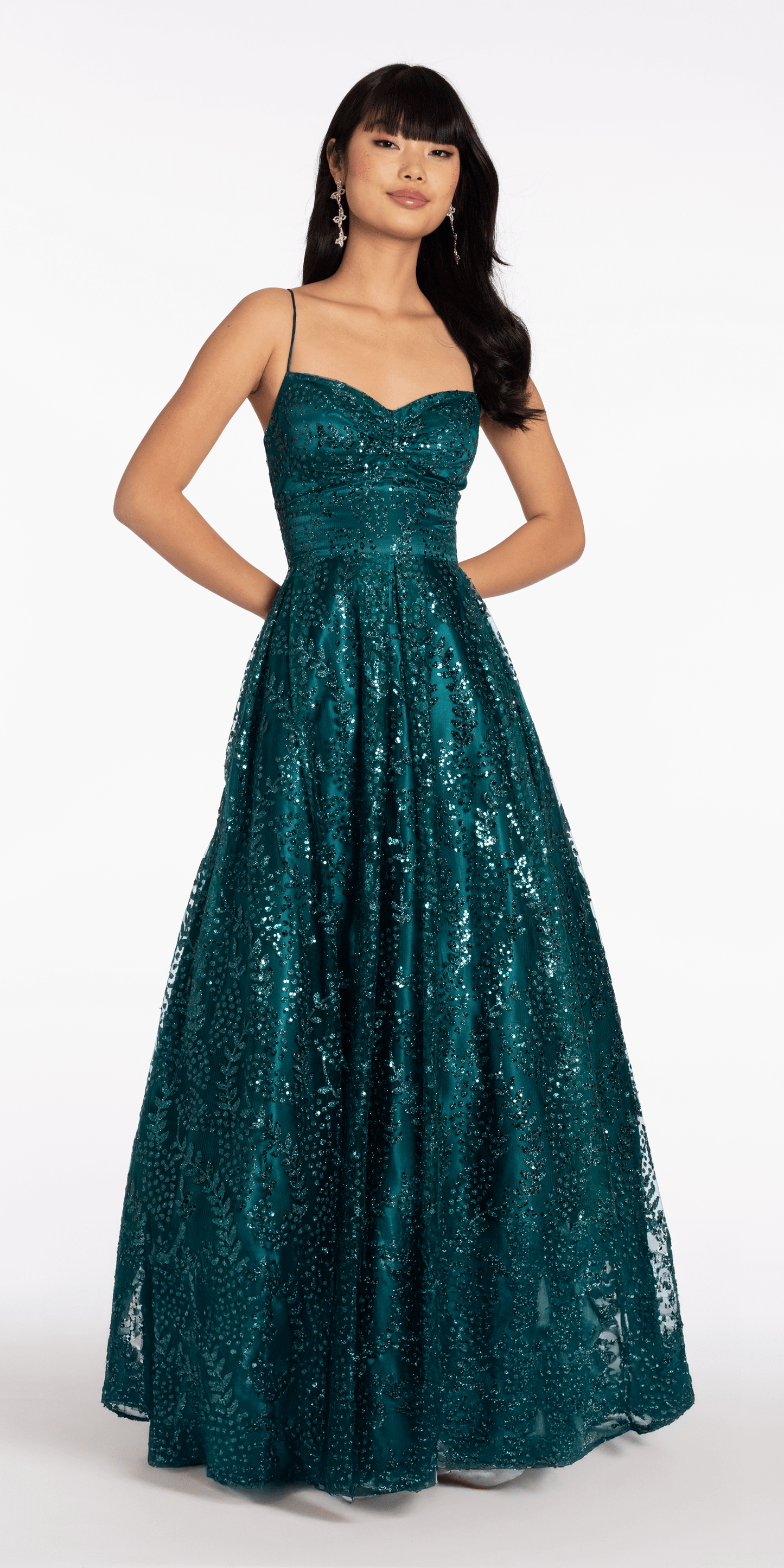 Camille La Vie/Glitter Mesh Sweetheart Lace Up Back Ballgown/ missy /size/ 2 teal/front alt