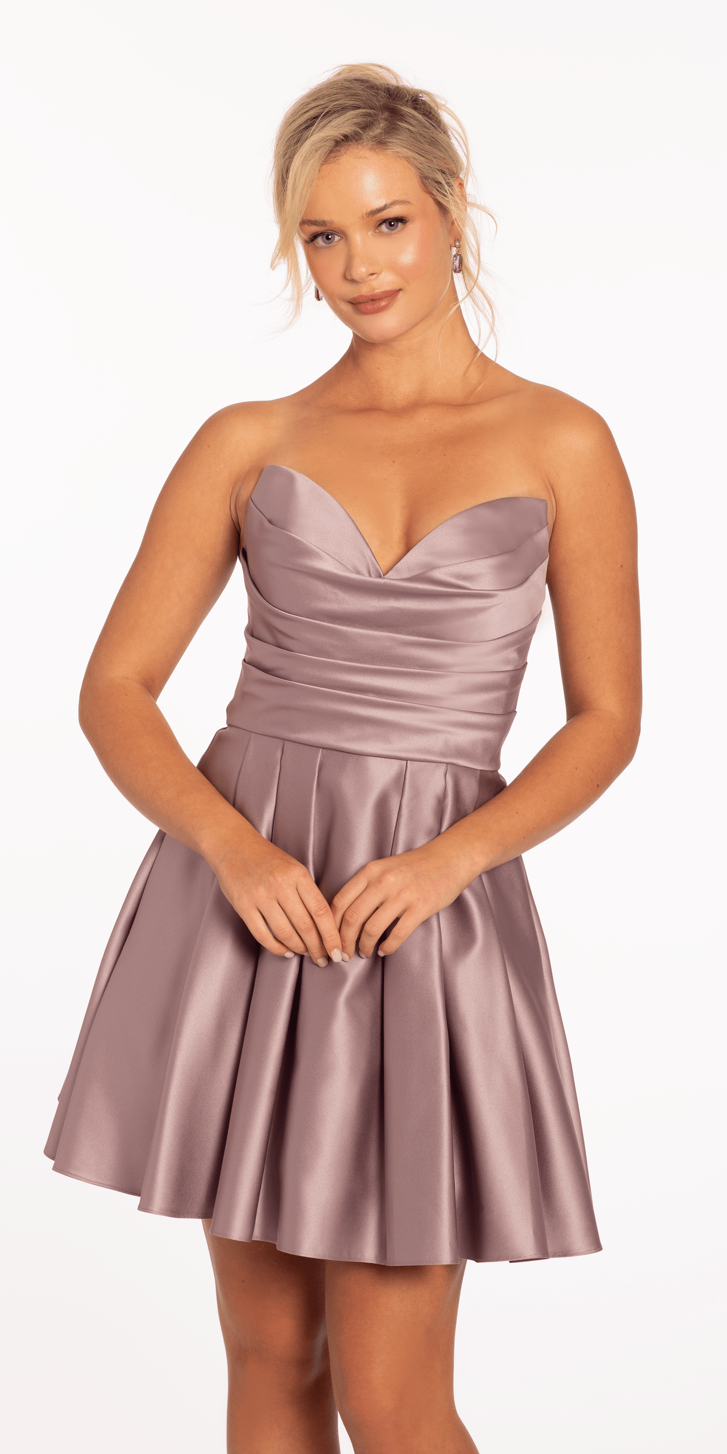 mauve Size 0 missy Camille La Vie Sweetheart Satin Pleated Fit and Flare Dress