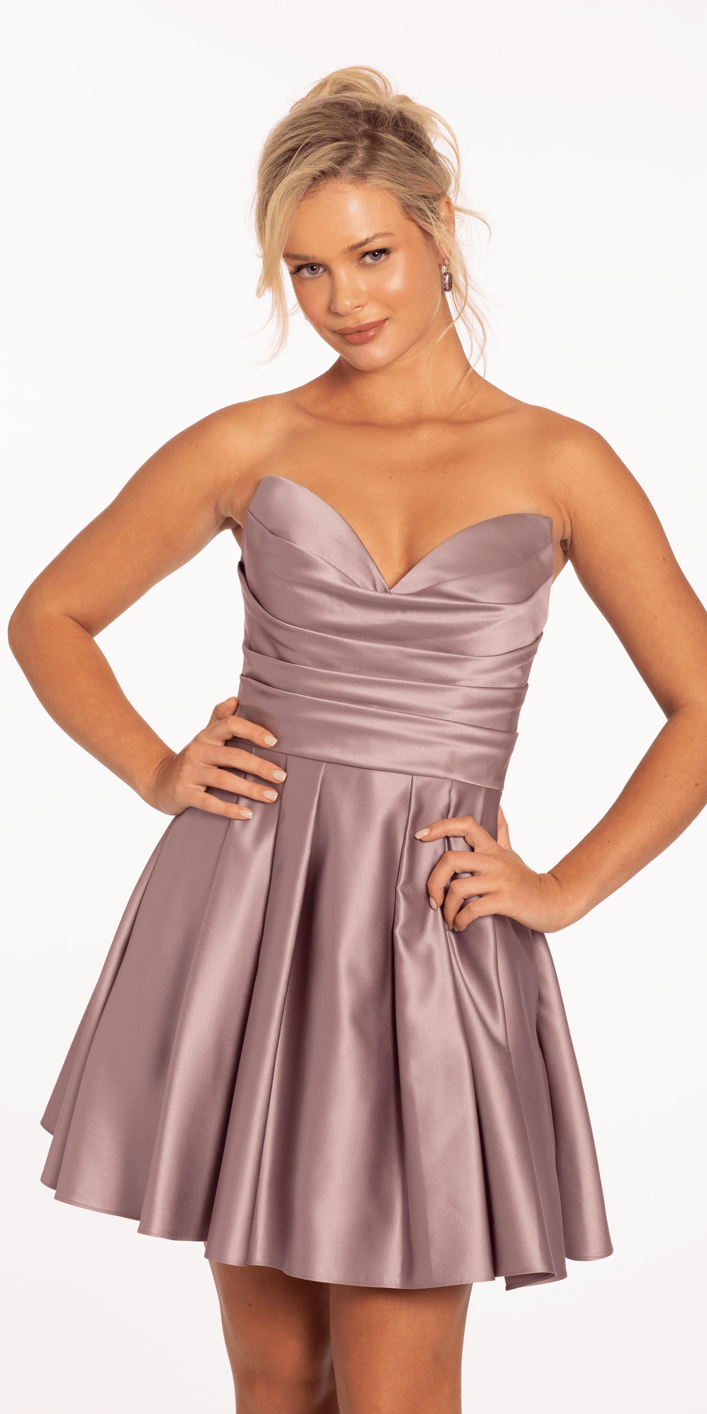 mauve Size 2 missy Camille La Vie Sweetheart Satin Pleated Fit and Flare Dress