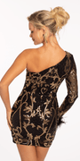Sequin One Shoulder Long Sleeve Bodycon Dress with Feather Cuff Image 4