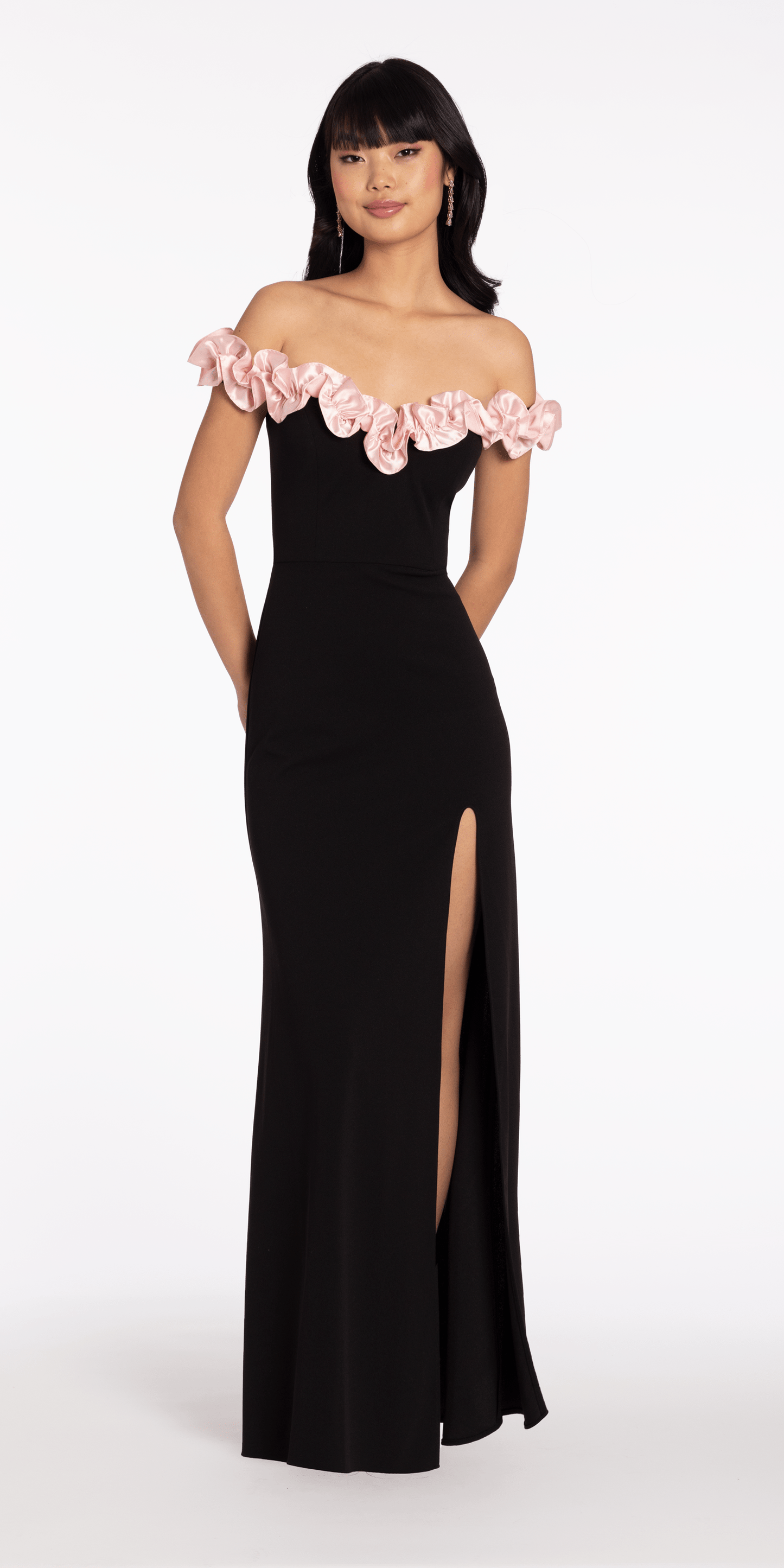 black-pink Size 0 missy Camille La Vie Crepe Off the Shoulder Column Dress with Ruffle Detail front