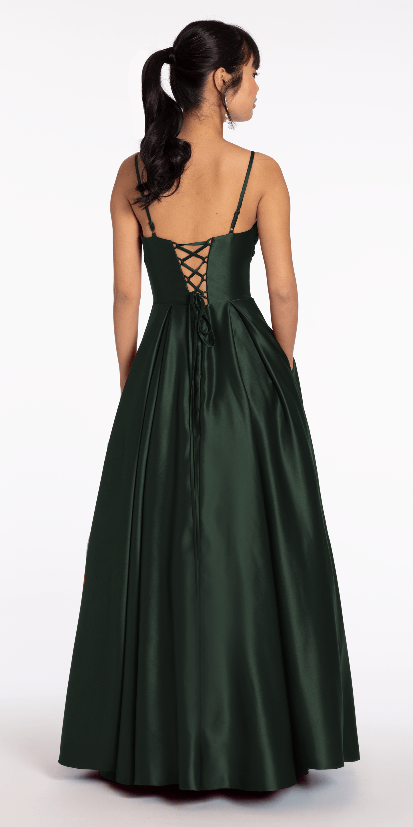 Camille La Vie/ Sweetheart Pleated Satin Corset Ballgown with Pockets /missy /size /4/ hunter green/ back