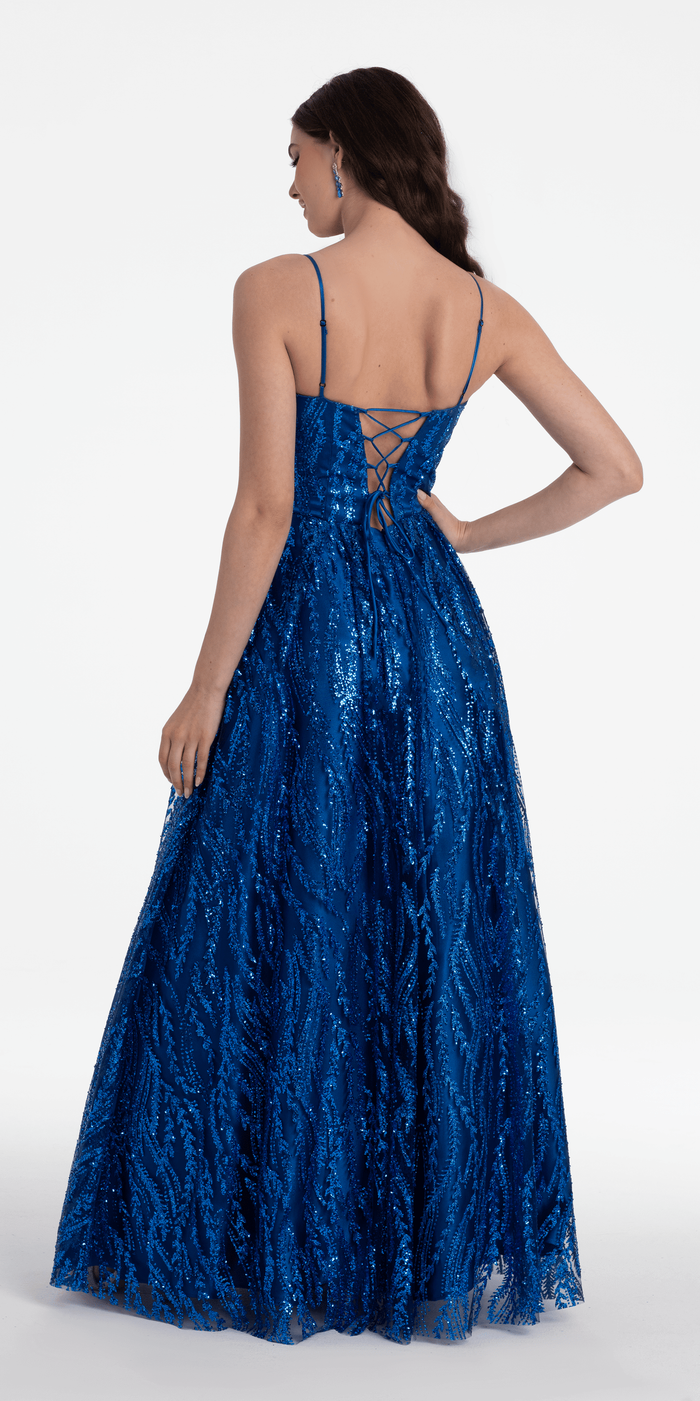 Camille La Vie /Sweetheart Glitter Mesh Illusion Corset Ballgown/ missy/ size/ 2 /royal blue/back