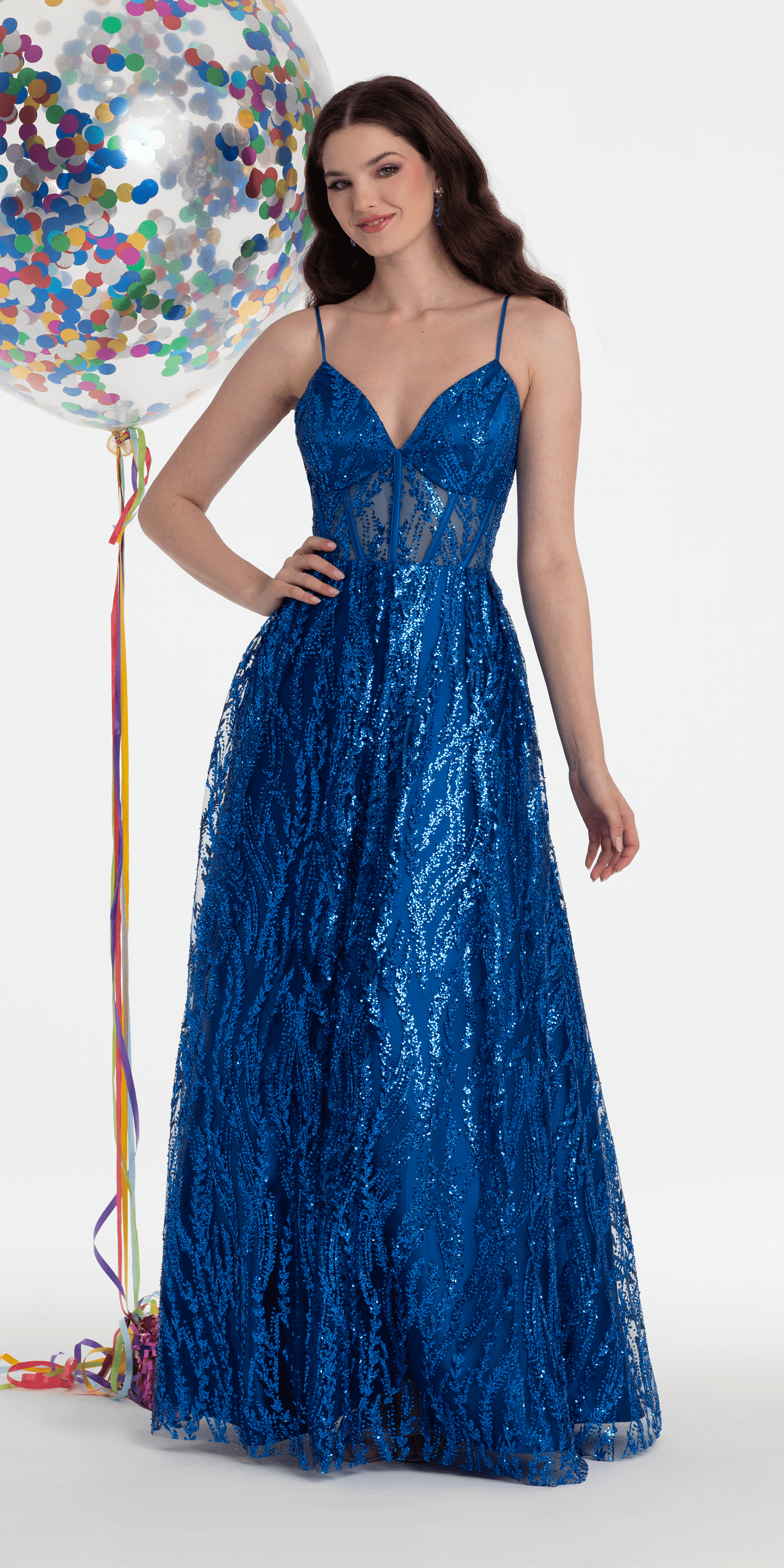 Camille La Vie /Sweetheart Glitter Mesh Illusion Corset Ballgown/ missy/ size/ 2 /royal blue/ front