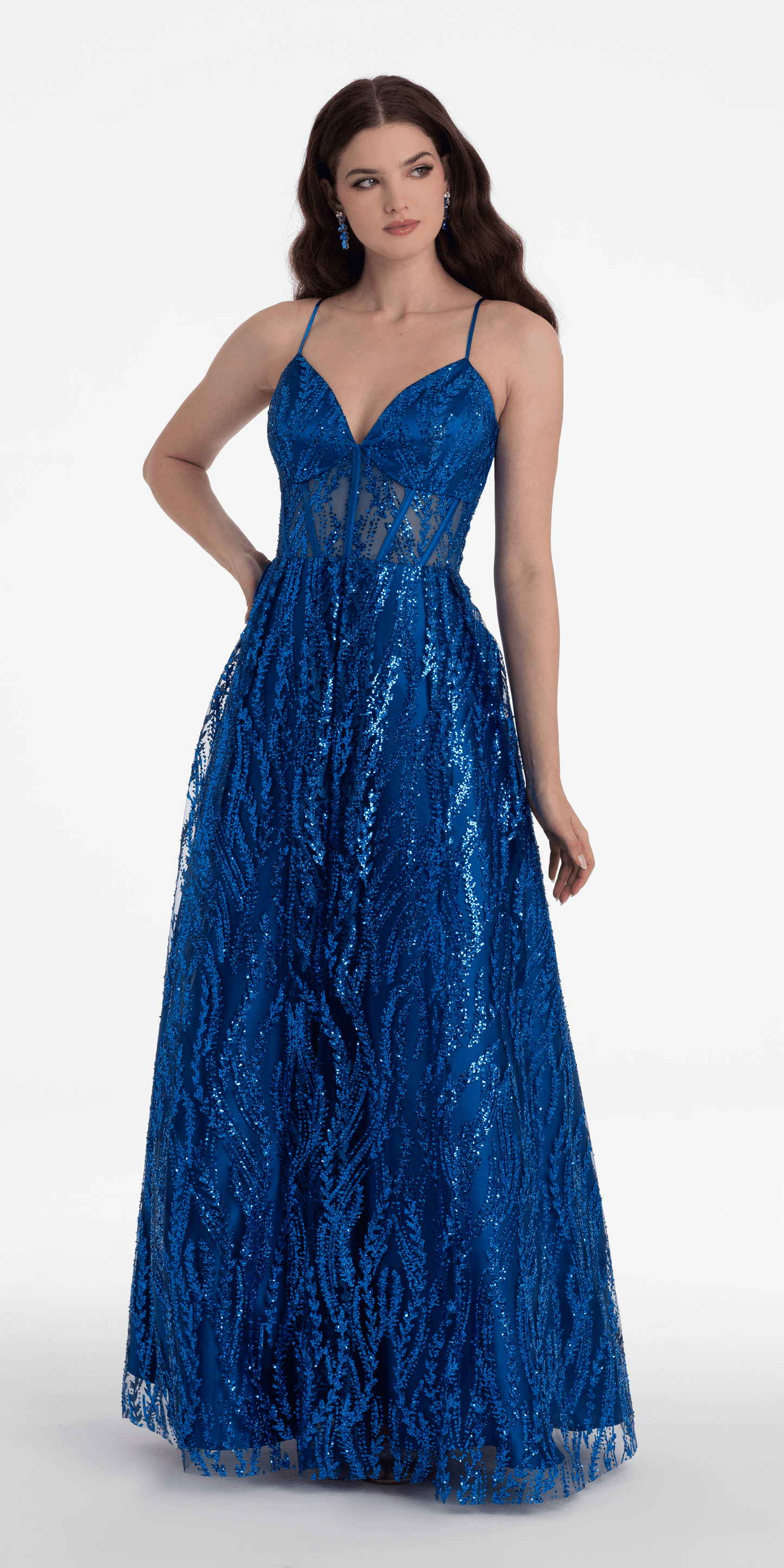 Camille La Vie /Sweetheart Glitter Mesh Illusion Corset Ballgown/ missy/ size/ 2 /royal blue/front alt
