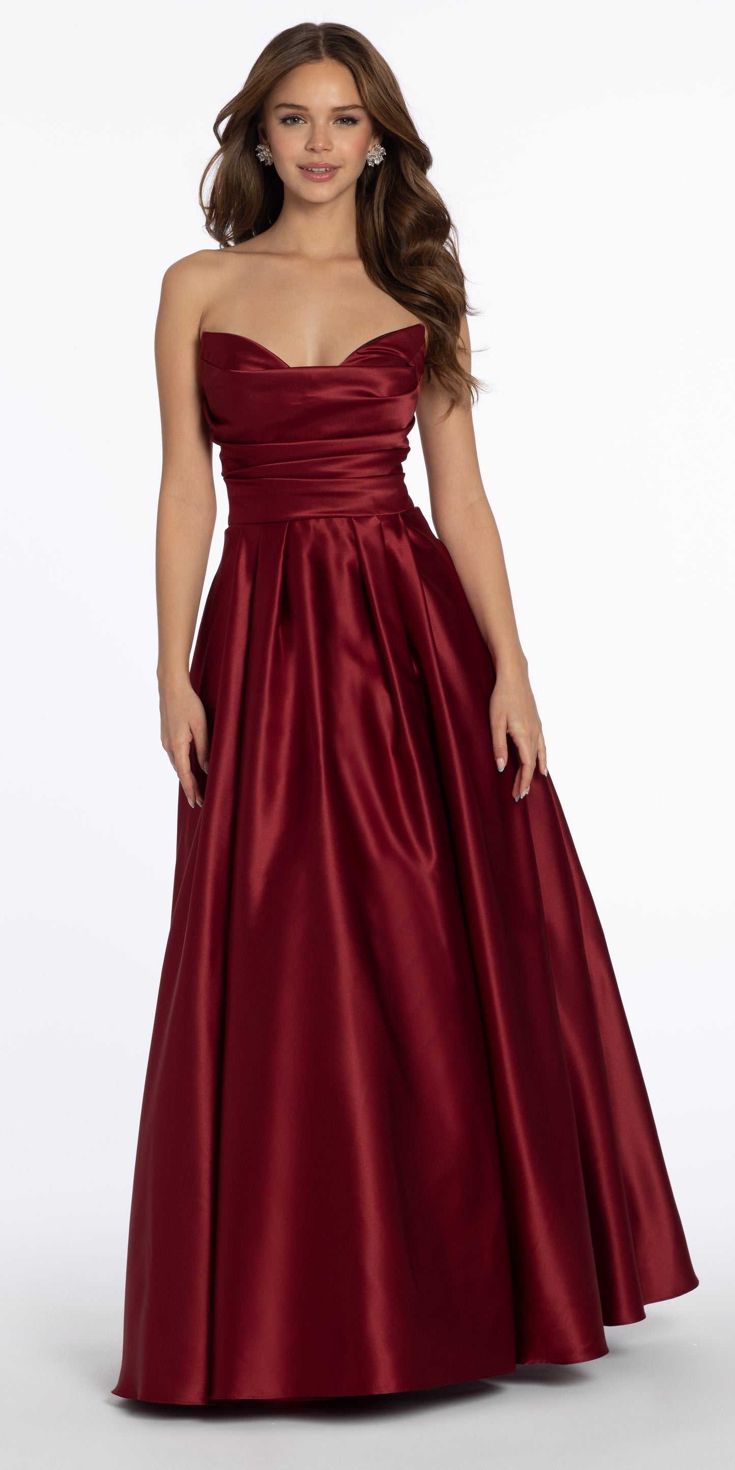 Camille La Vie/ Satin Strapless Ruched Ballgown with Pockets/ missy /size /2 /wine/ alt