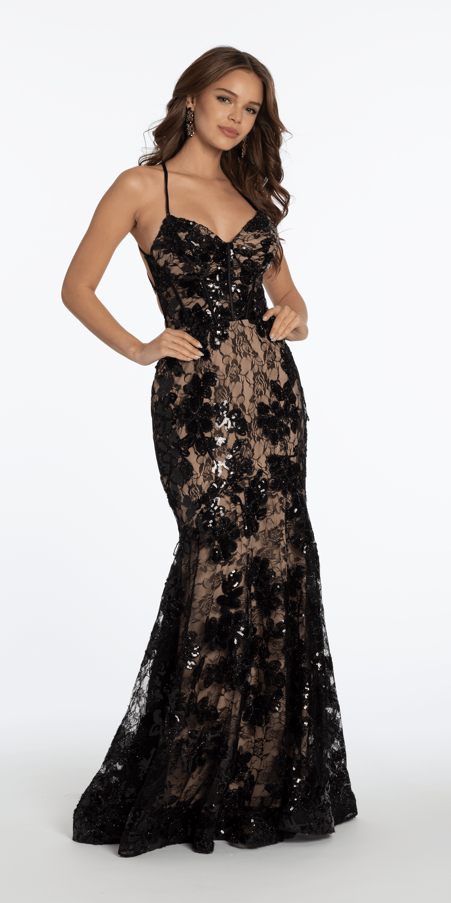 black-nude Size 2 missy Camille La Vie Two Tone Sequin Floral Lace Plunging Corset Mermaid Dress