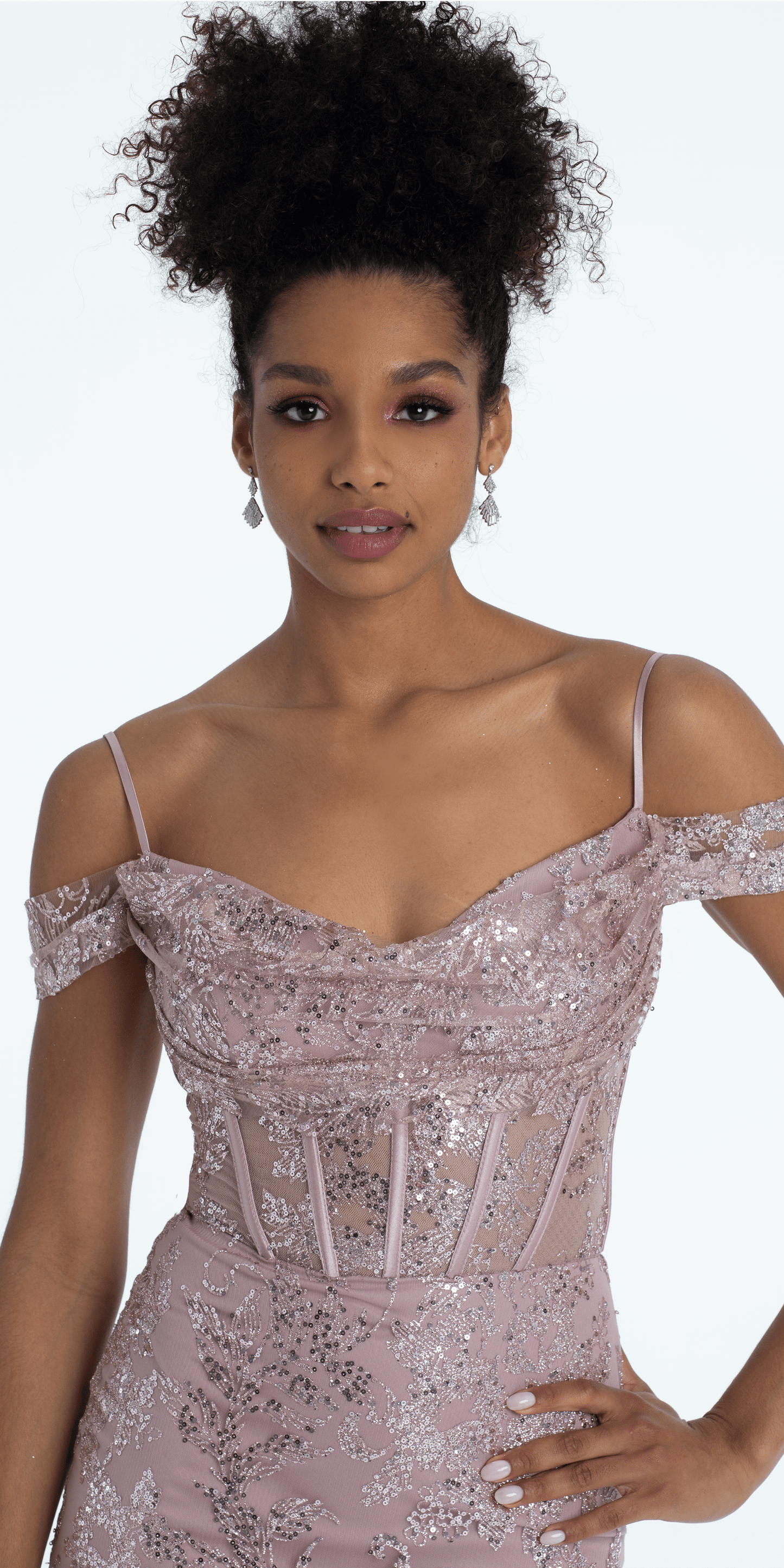 Camille La Vie /Glitter Drape Off the Shoulder Corset Mermaid Dress /missy /size/ 2 /rose/close up alt
