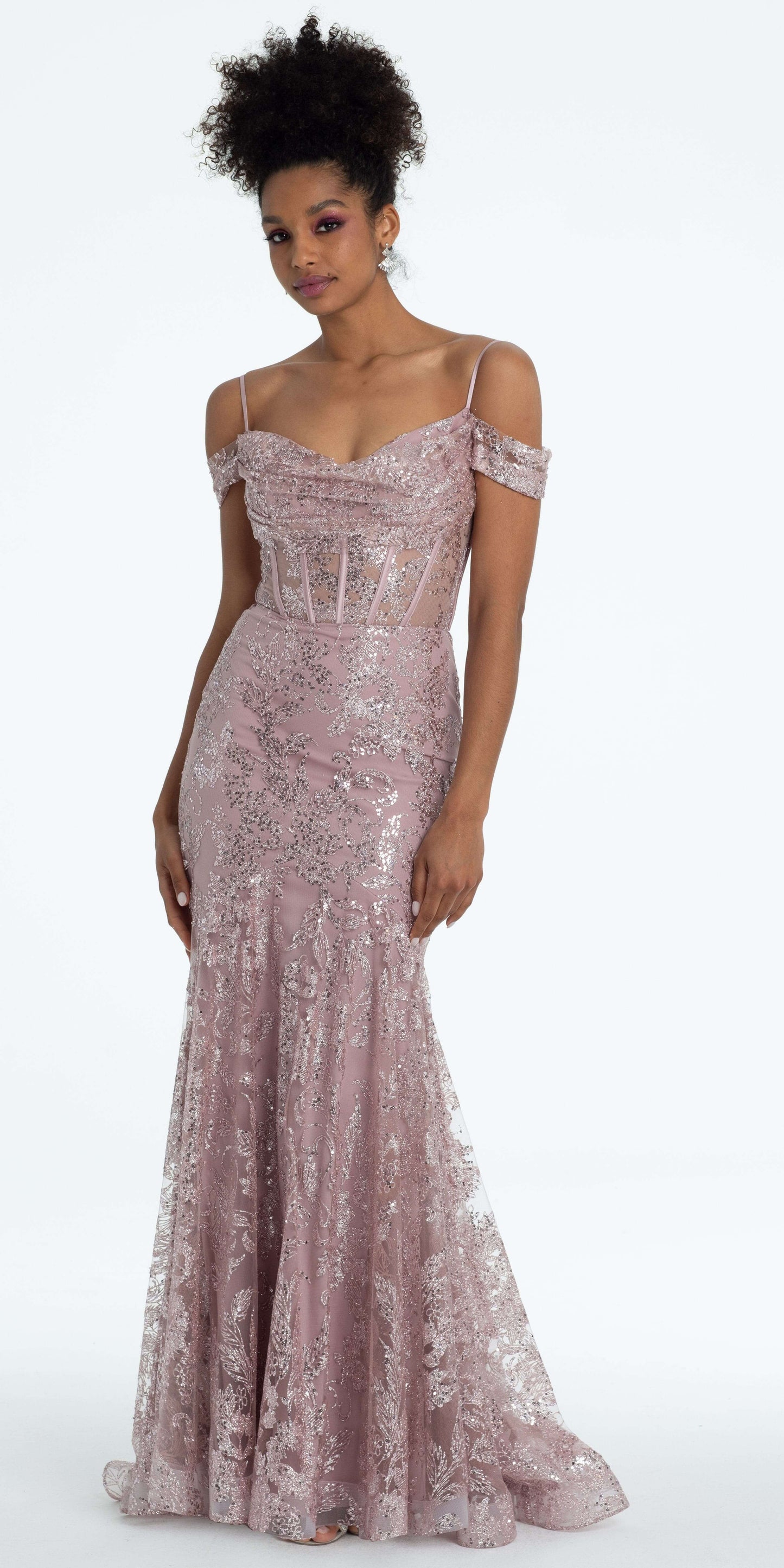 Camille La Vie /Glitter Drape Off the Shoulder Corset Mermaid Dress /missy /size/ 2 /rose/front