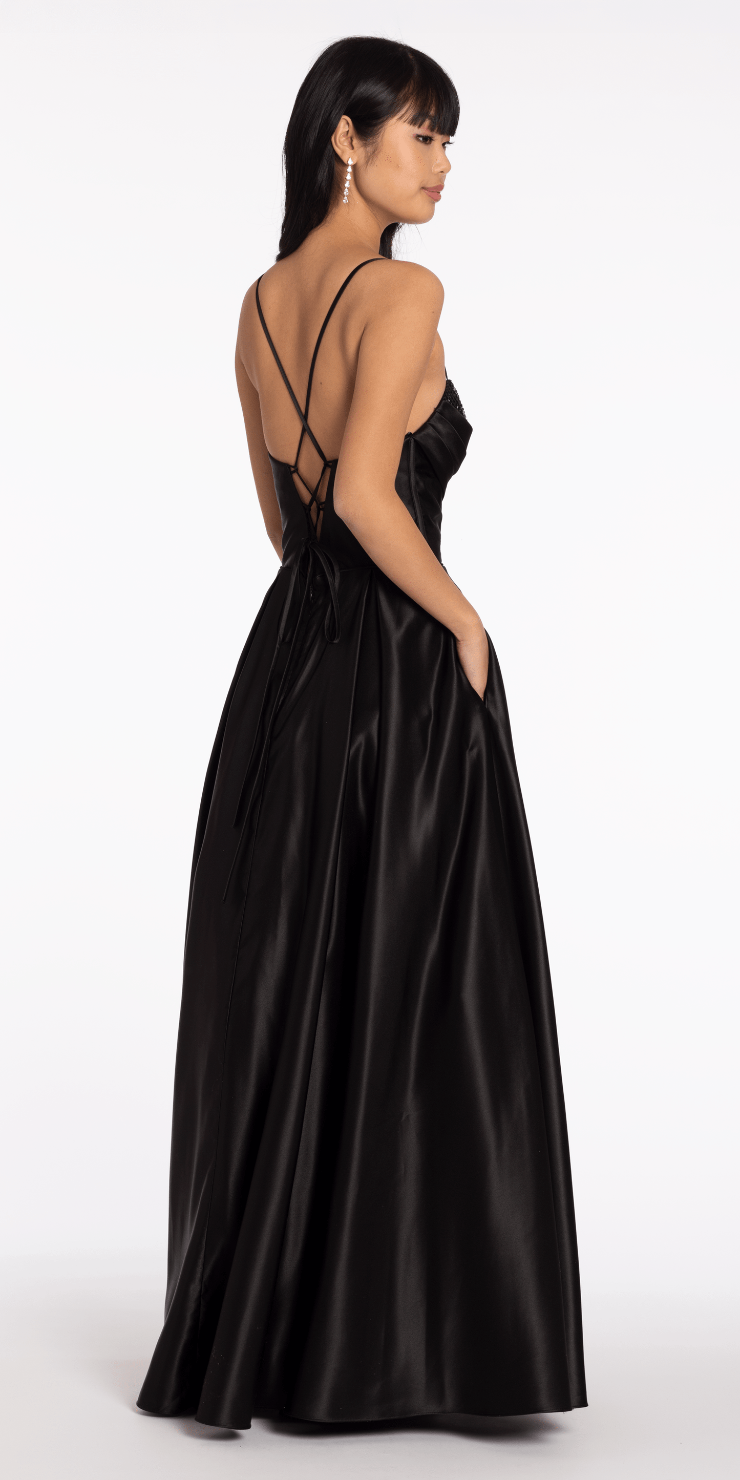 black Size 2 missy Camille La Vie Satin Beaded Drape Corset Ballgown with Side Pockets