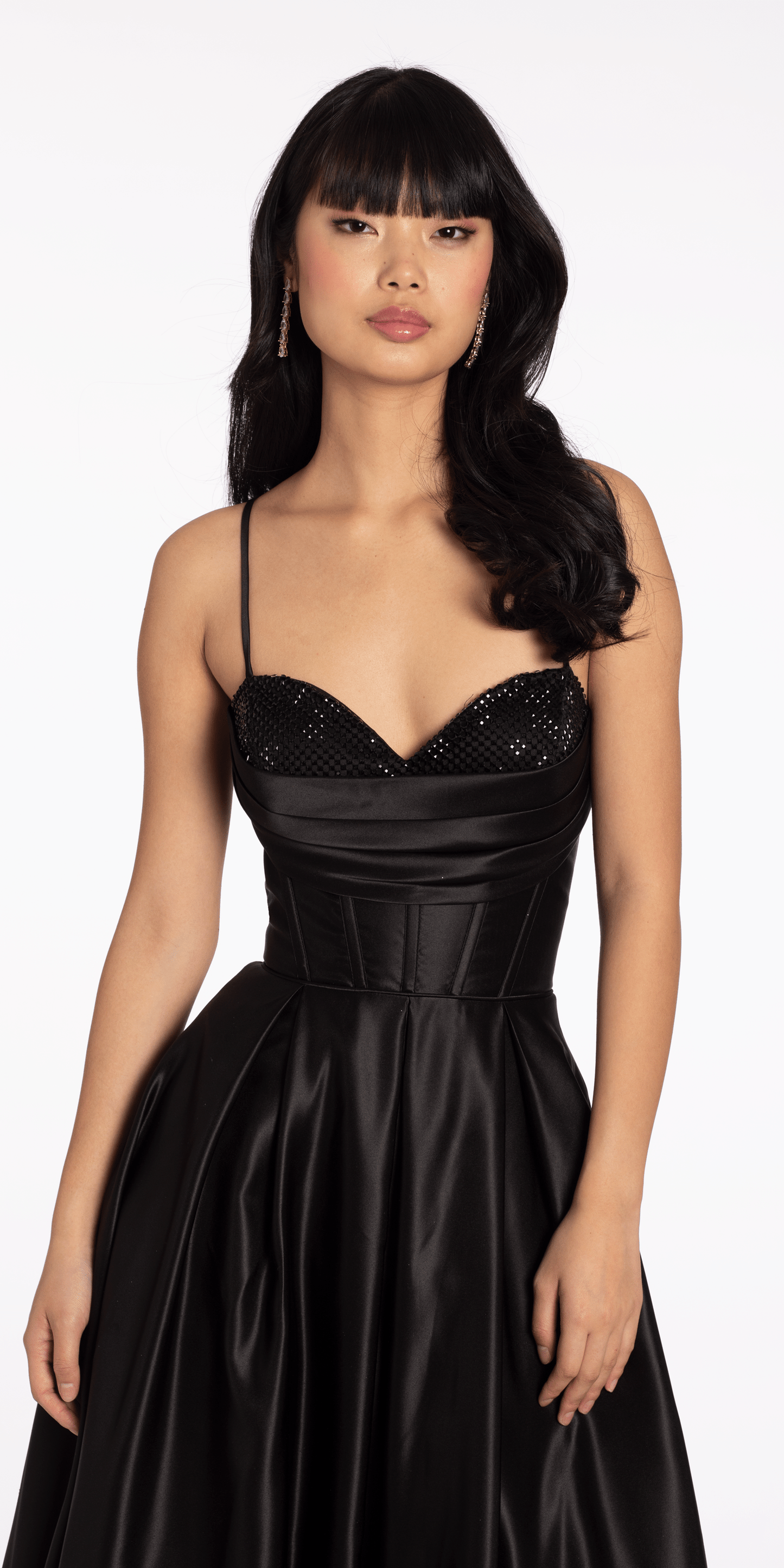black Size 2 missy Camille La Vie Satin Beaded Drape Corset Ballgown with Side Pockets