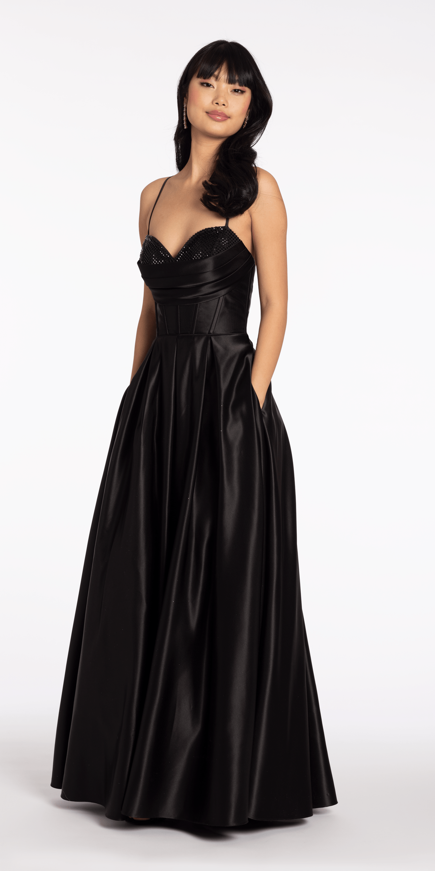 black Size 2 missy Camille La Vie Satin Beaded Drape Corset Ballgown with Side Pockets