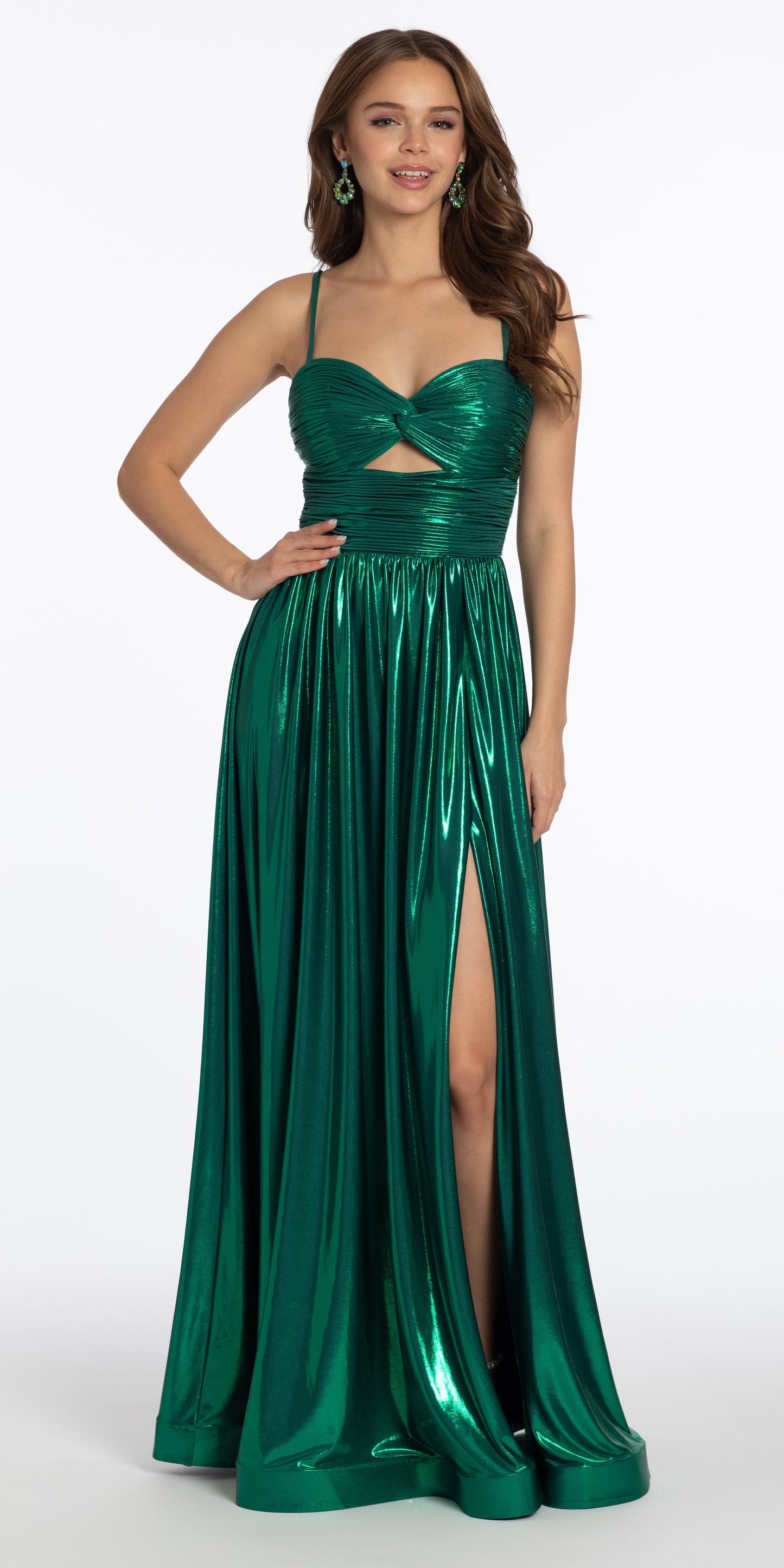 green Size 0 missy Camille La Vie Metallic Foil Pleated Keyhole Lace Up A Line Dress