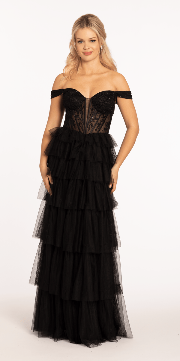 Shop Formal Dress - Sweetheart Off the Shoulder Tiered Mesh Ballgown featured image