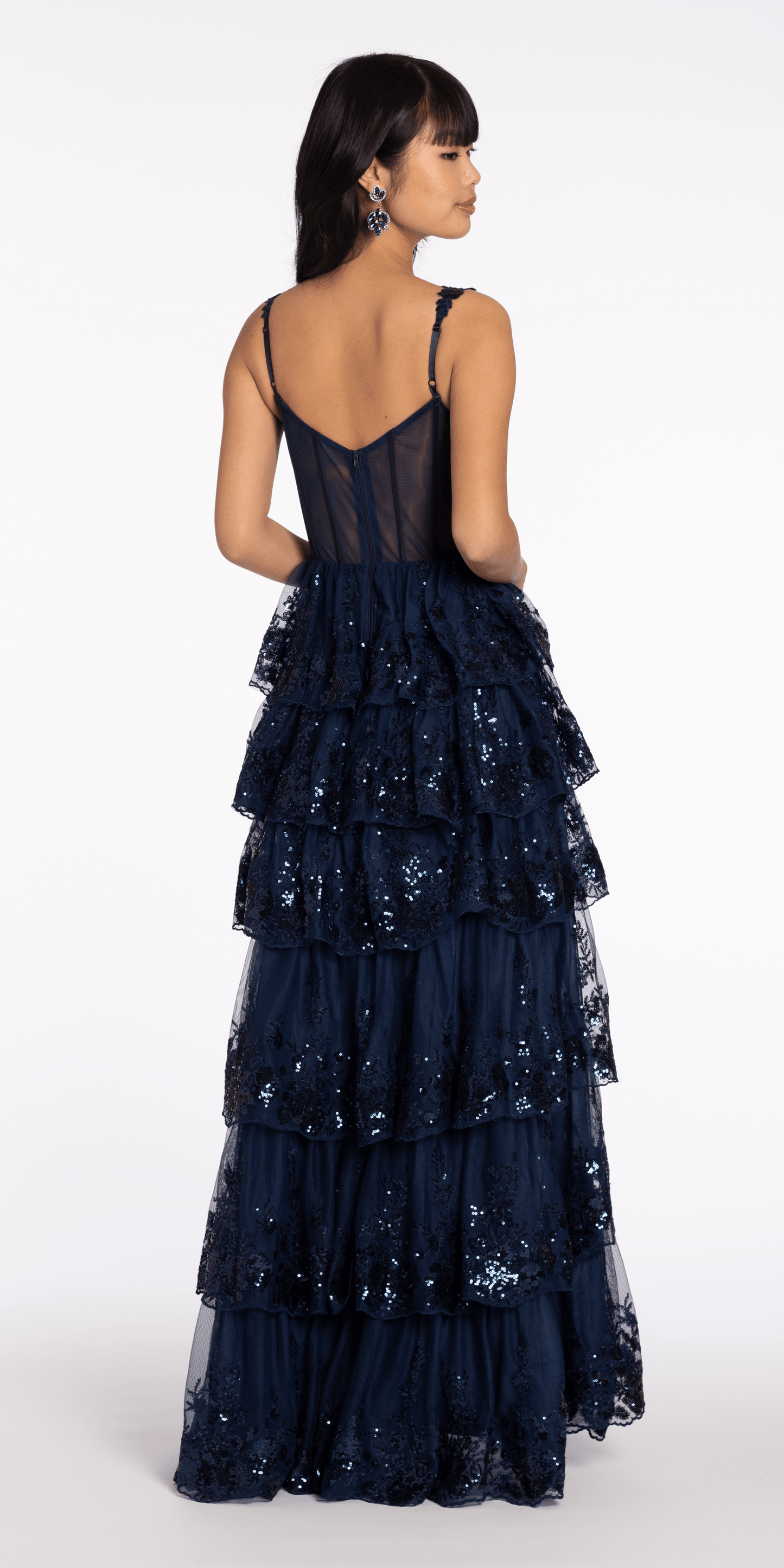 navy Size 2 missy Camille La Vie Sequin Embroidered Corset Mesh Tiered Ballgown with Illusion Back