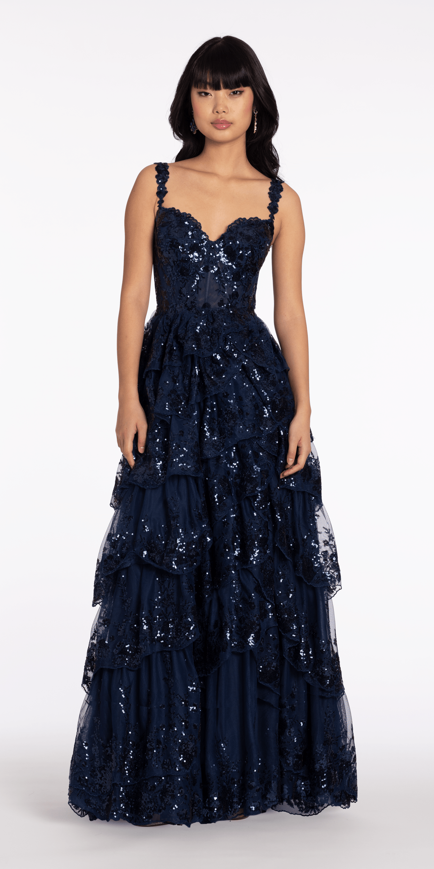 navy Size 0 missy Camille La Vie Sequin Embroidered Corset Mesh Tiered Ballgown with Illusion Back