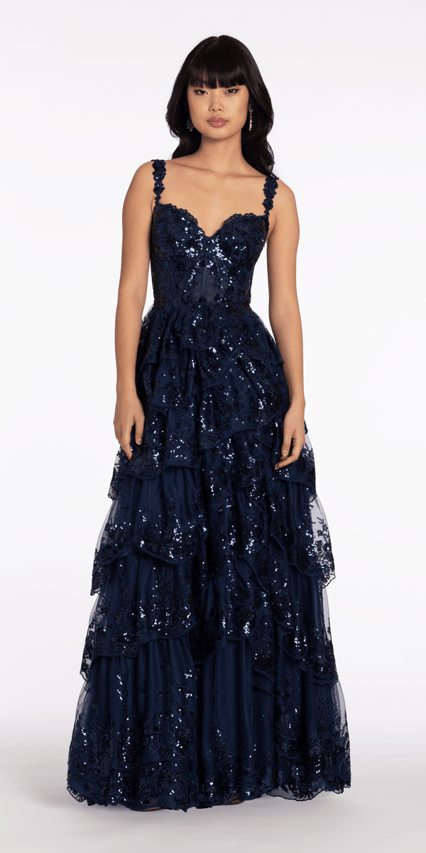 Sequin Embroidered Corset Mesh Tiered Ballgown with Illusion Back - View 1 | Shop Formal Dress