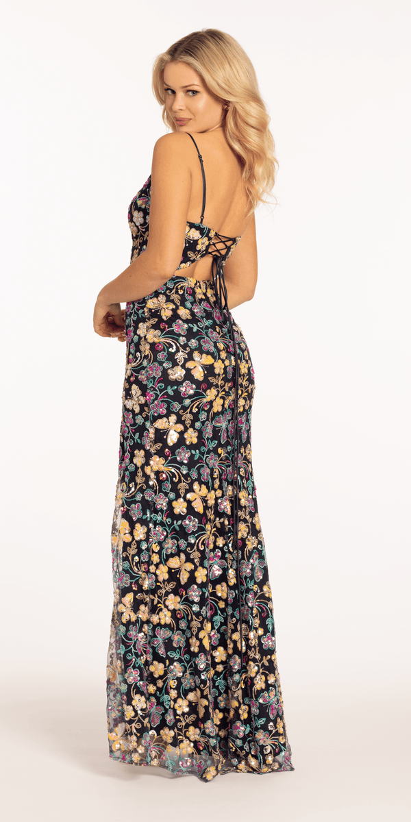 Sequin Floral Garden Plunging Mesh Column Dress - View 5 | Shop Formal Dress