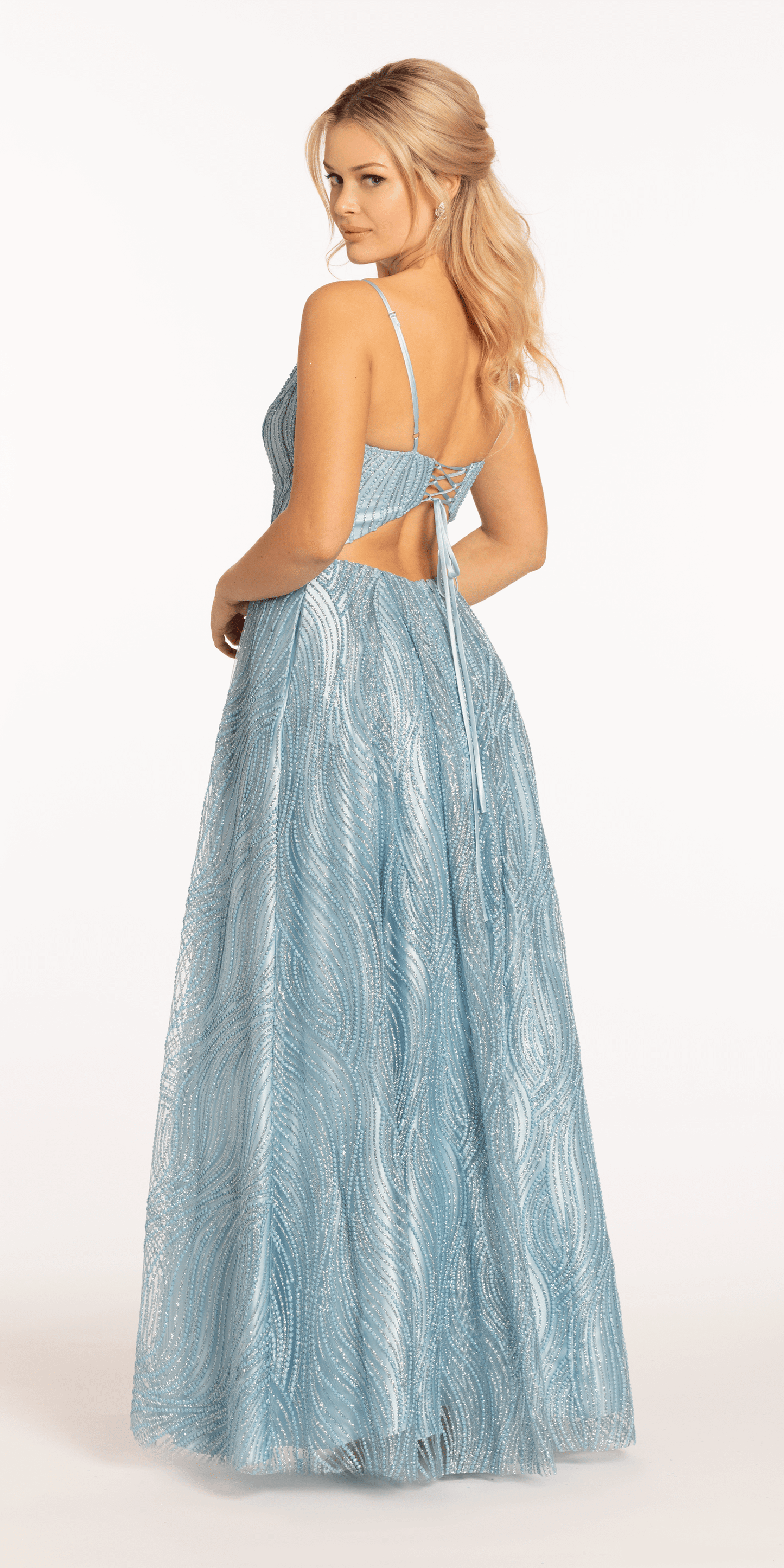 Camille La Vie /Swirl Glitter Lace Up Back Ballgown/ missy /front/ size /0 light blue /back
