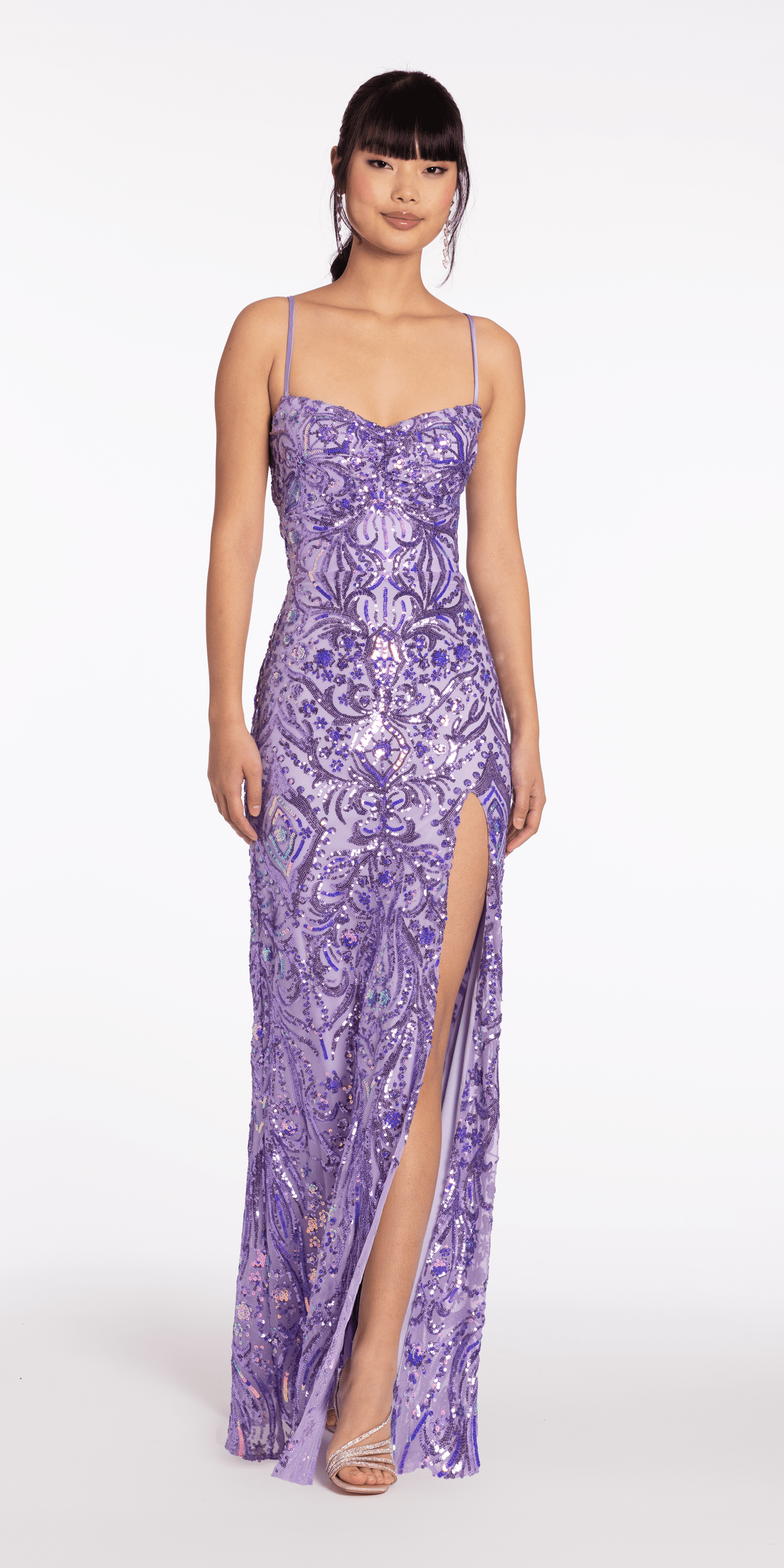 lavendar Size 4 missy Camille La Vie Sequin Mesh Lace Up Column Dress with Side Slit