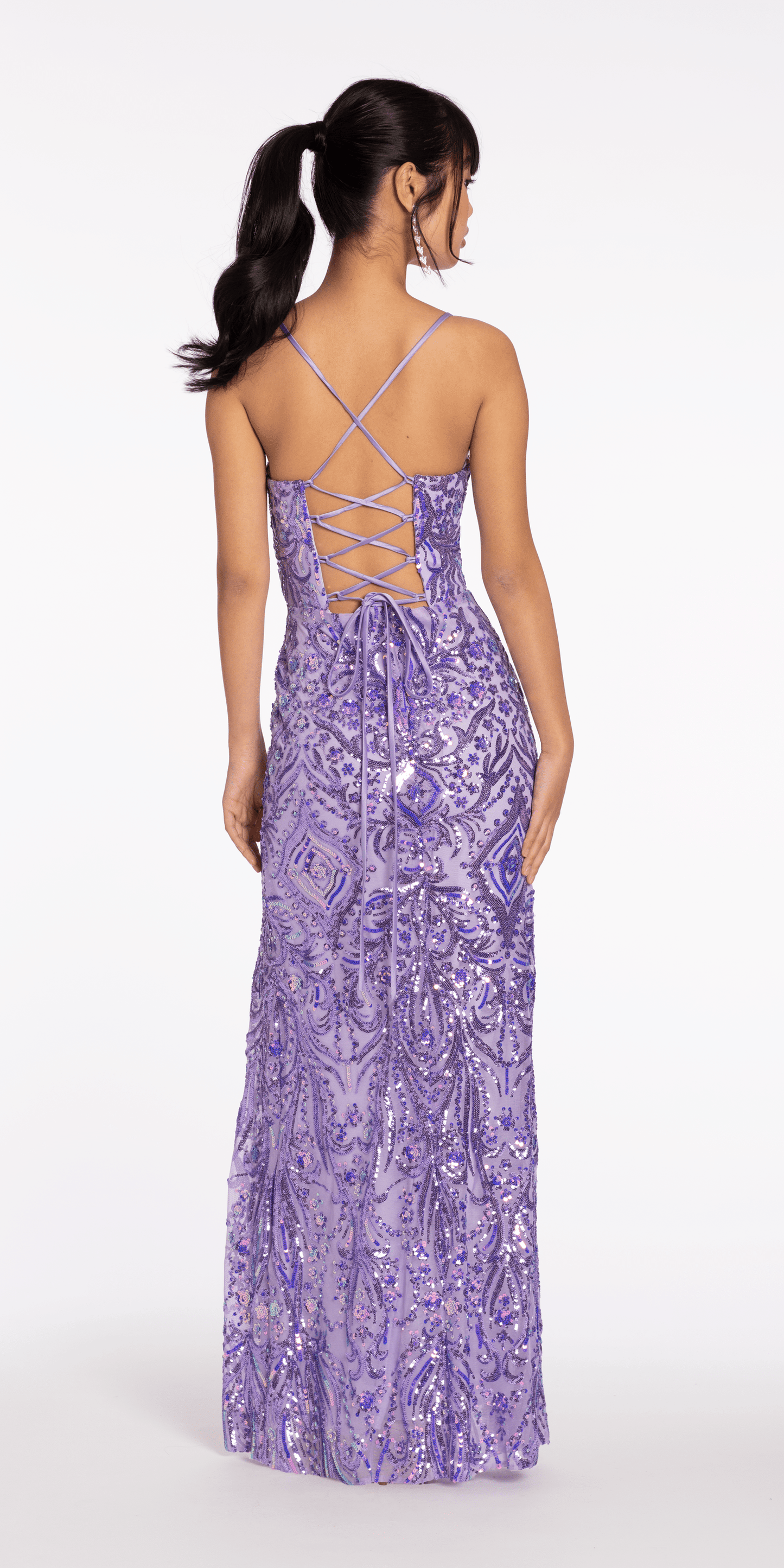 lavendar Size 4 missy Camille La Vie Sequin Mesh Lace Up Column Dress with Side Slit