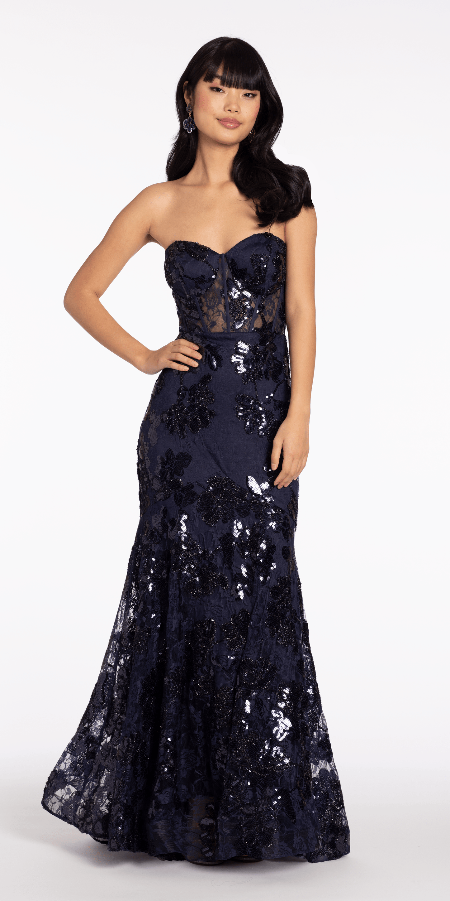 navy Size 2 missy Camille La Vie Floral Sequin Lace Corset Mermaid Dress