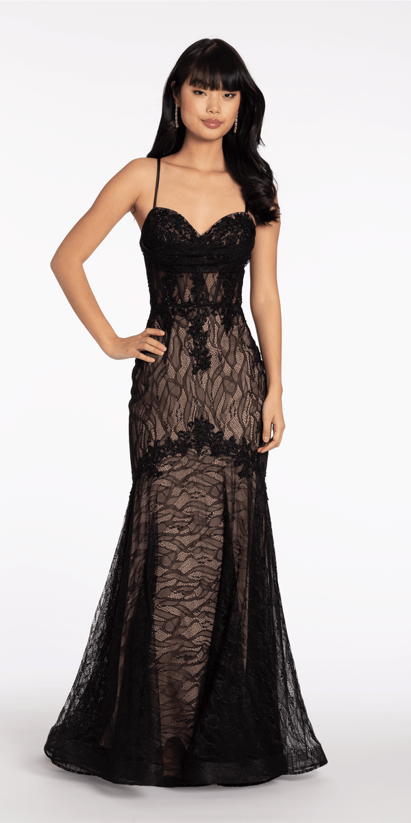Two Tone Lace Drape Corset Trumpet Dress - View 1 | Shop Formal Dress