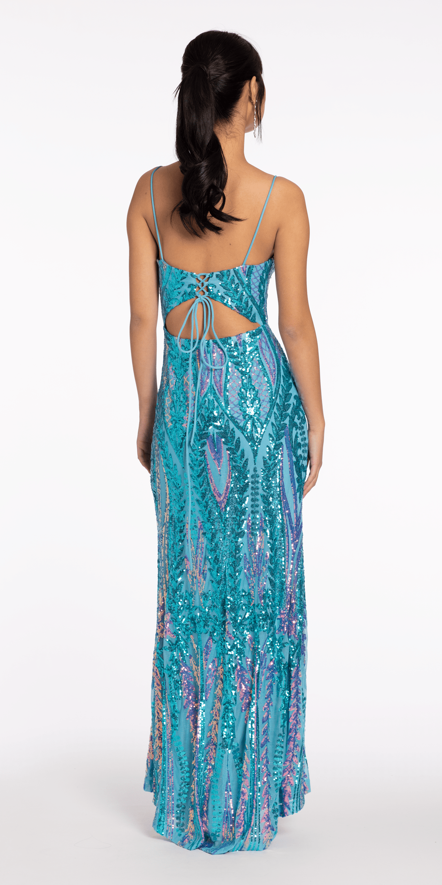 Camille La Vie /Sequin Keyhole Back Column Dress with Side Slit/ missy/ size /2 /aqua/ back