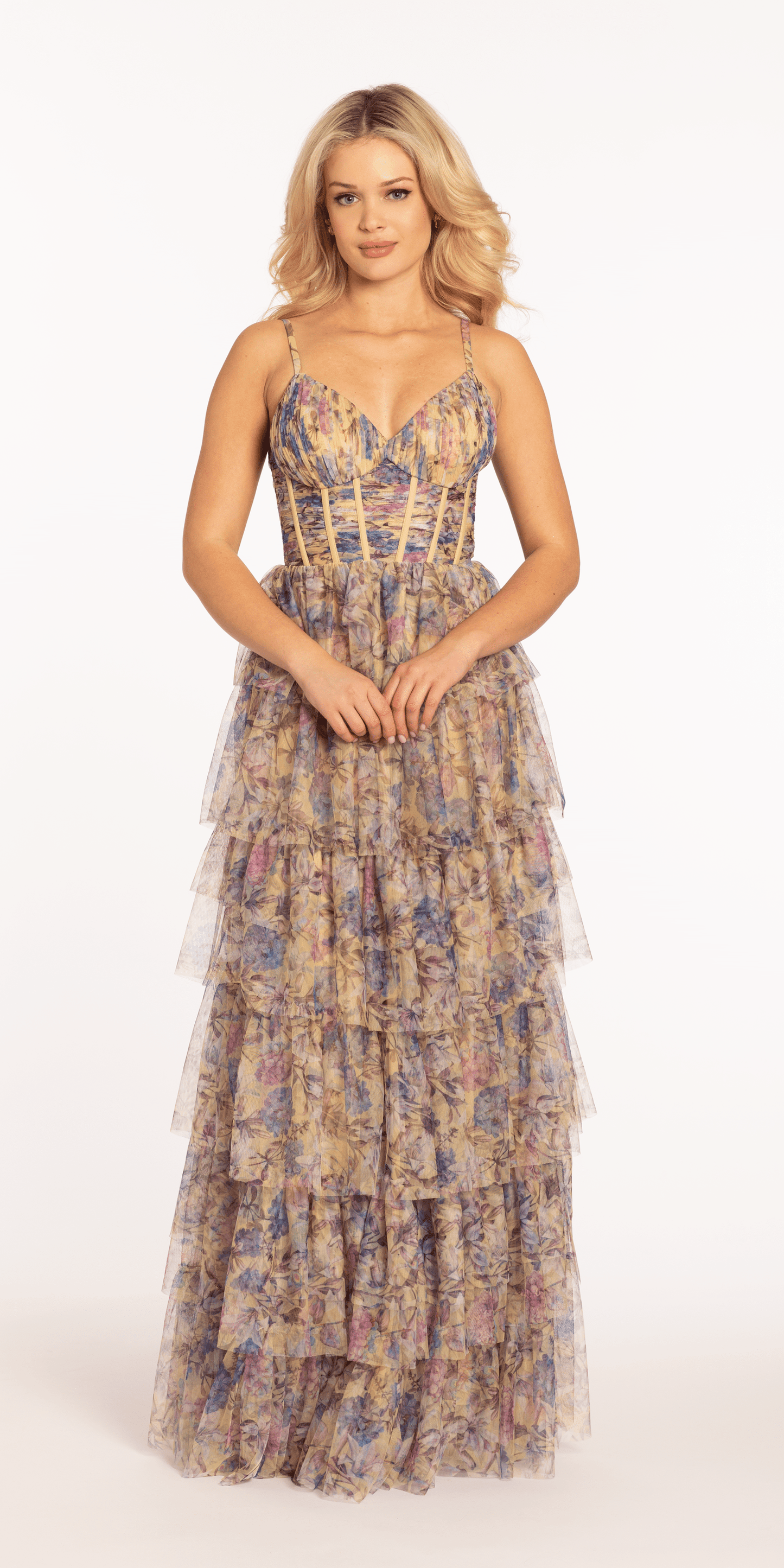 Camille La Vie Mesh Floral Print Tiered Corset Ballgown missy / 0 / yellow-multi
