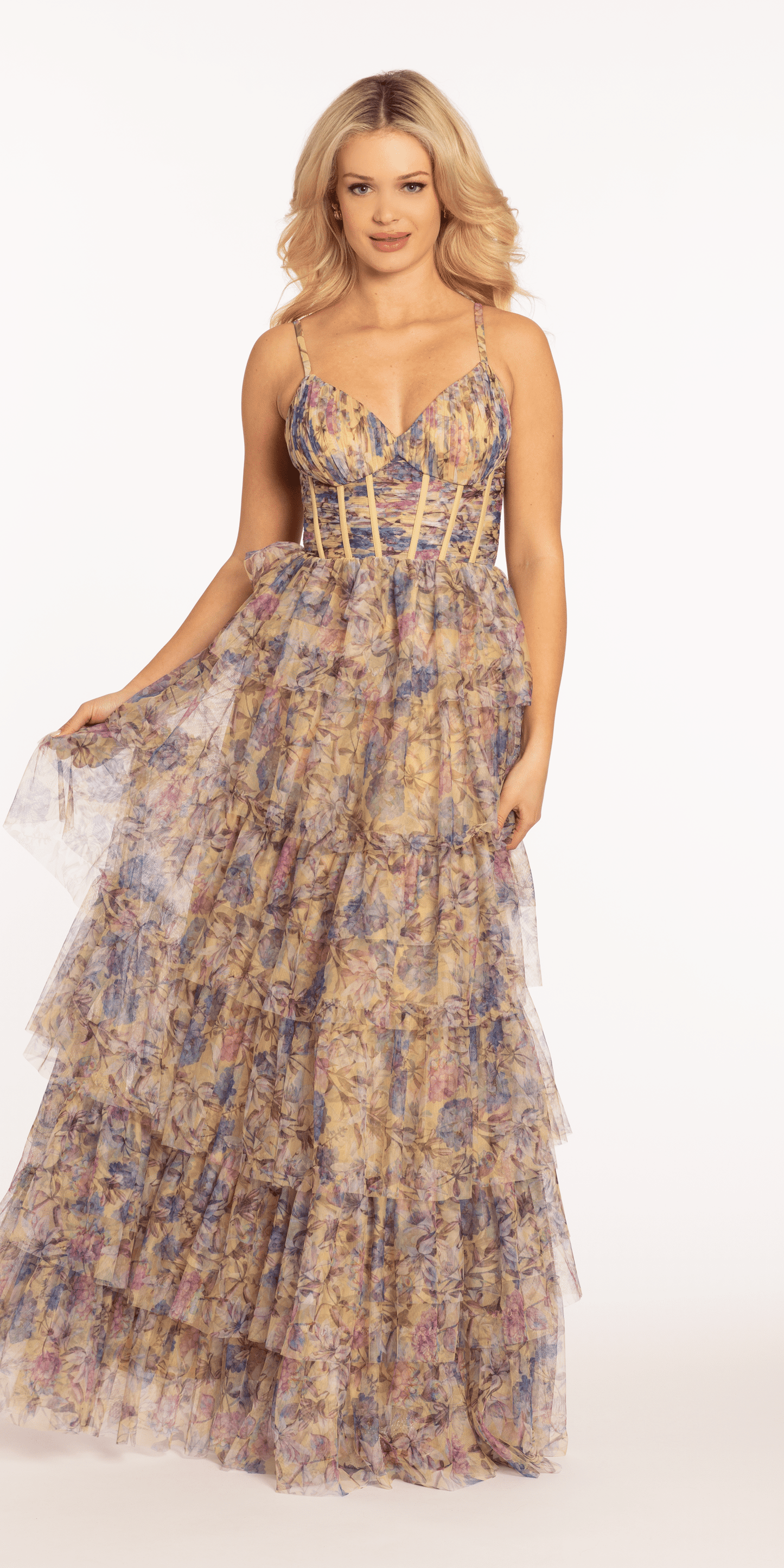 Camille La Vie Mesh Floral Print Tiered Corset Ballgown